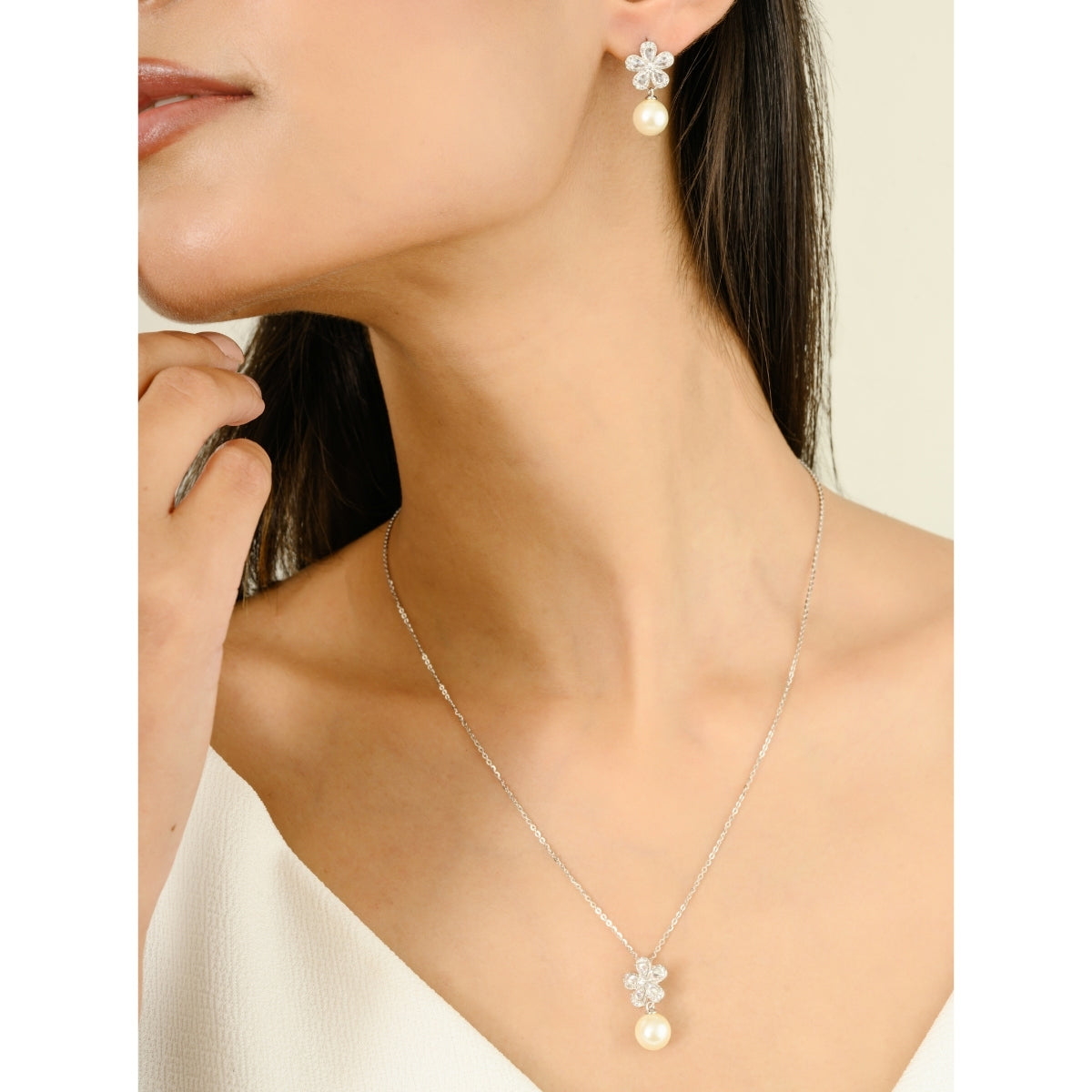 925 Silver Pearl Drop Pendant Necklace with earrings