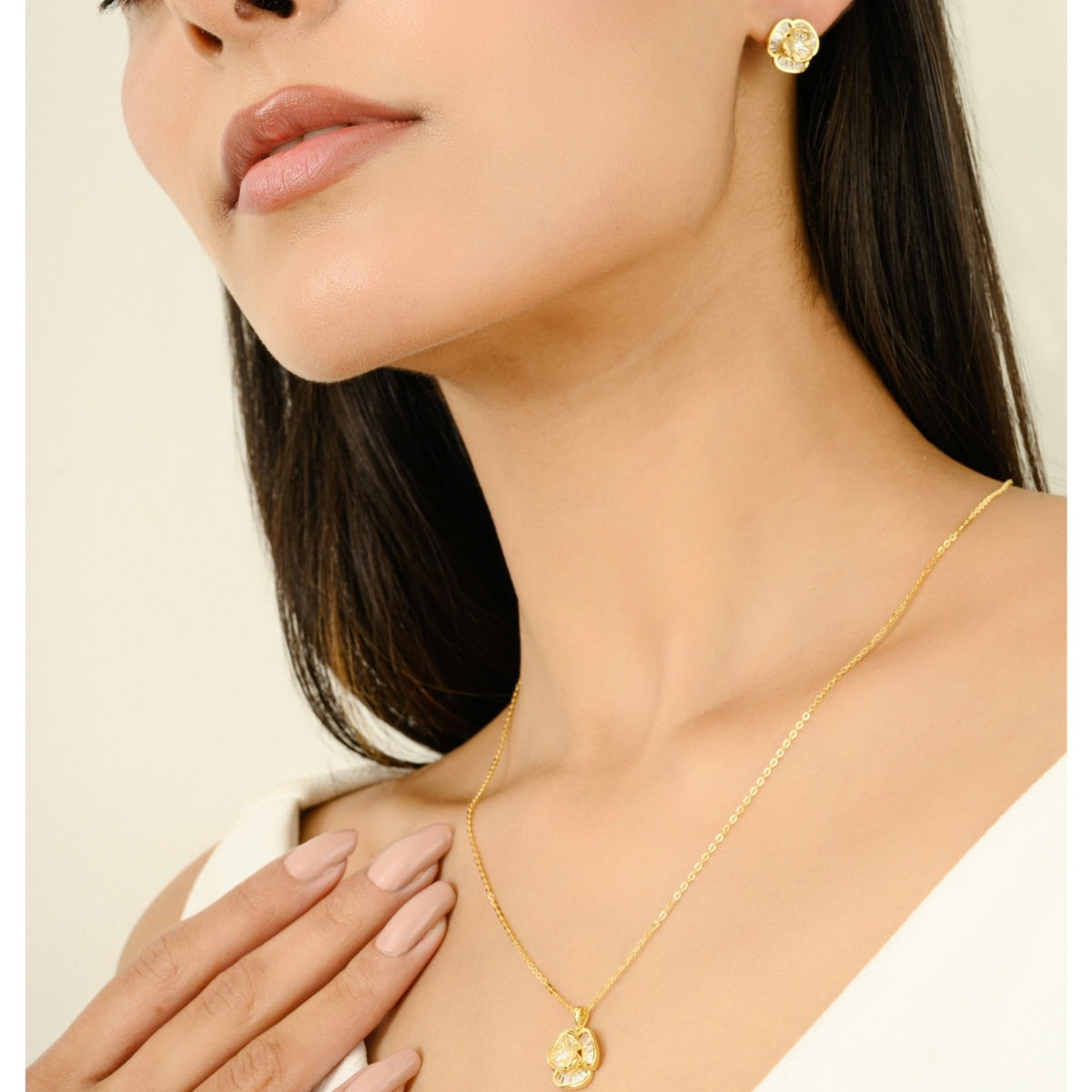 925 Silver CZ Diamond Flower Pendant Set with Earrings - White and Yellow Gold Finish