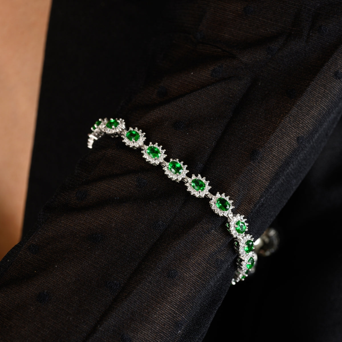 925 Silver Tennis Bracelet for Women - Sparkling Oval cut Green CZ Diamonds