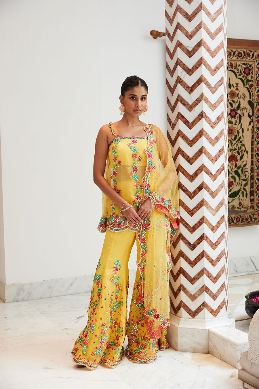 YELLOW ORGANZA PEPLUM TOP AND SHARARA