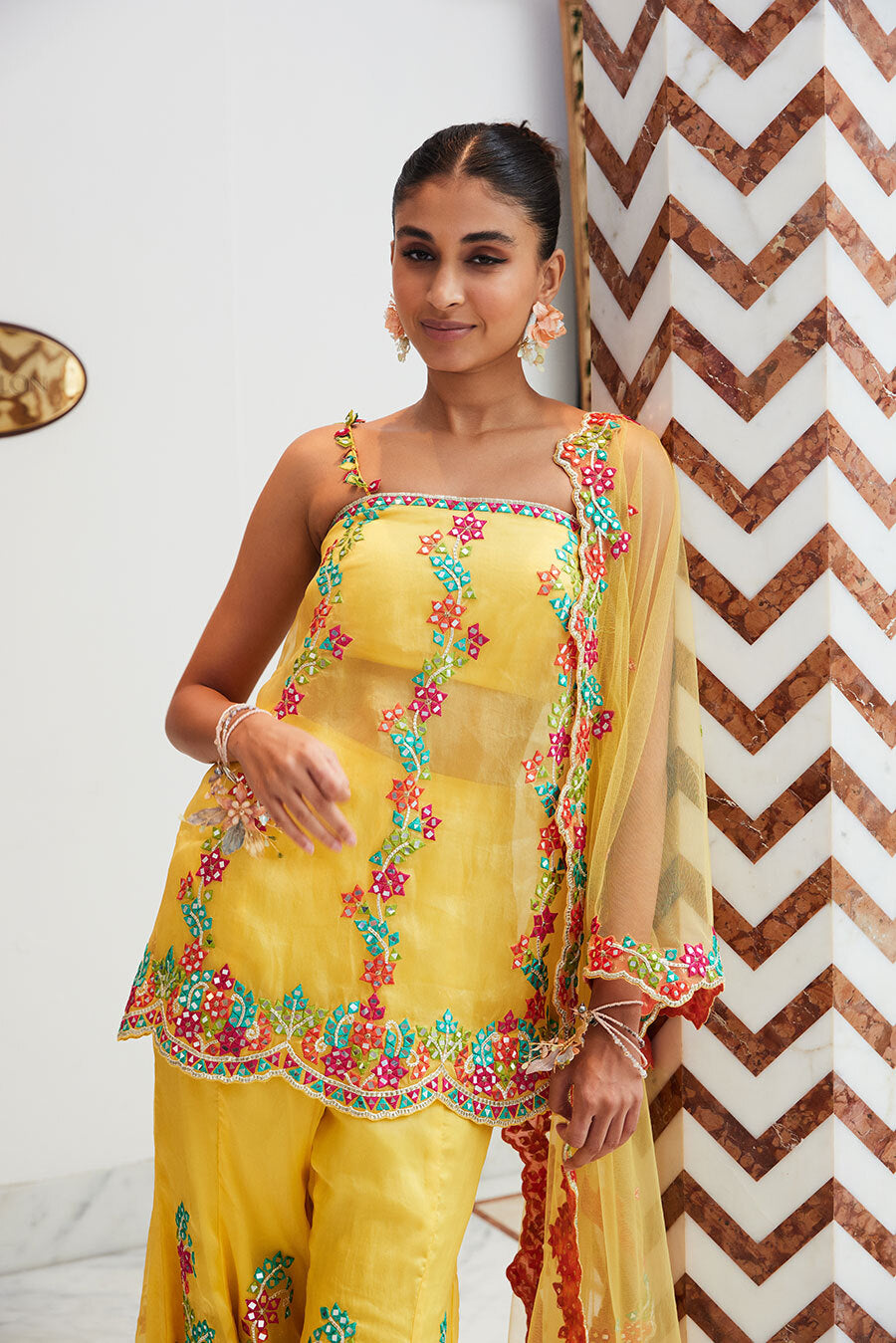 YELLOW ORGANZA PEPLUM TOP AND SHARARA