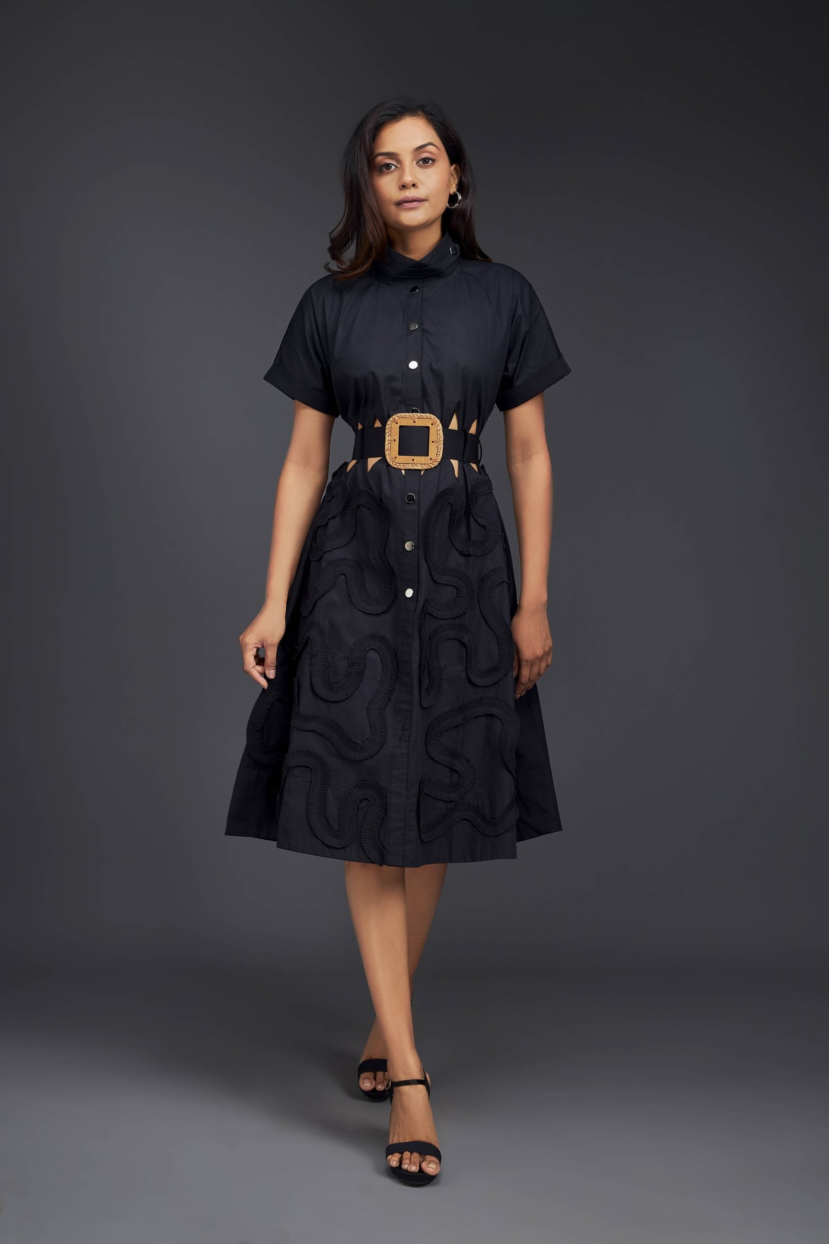 A-LINE BUTTON DOWN DRESS WITH WAIST CUTOUTS COMES WITH BELT
