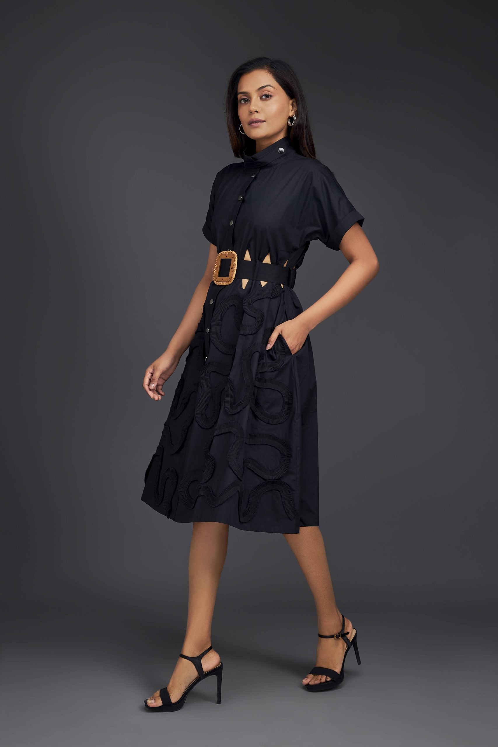 A-LINE BUTTON DOWN DRESS WITH WAIST CUTOUTS COMES WITH BELT