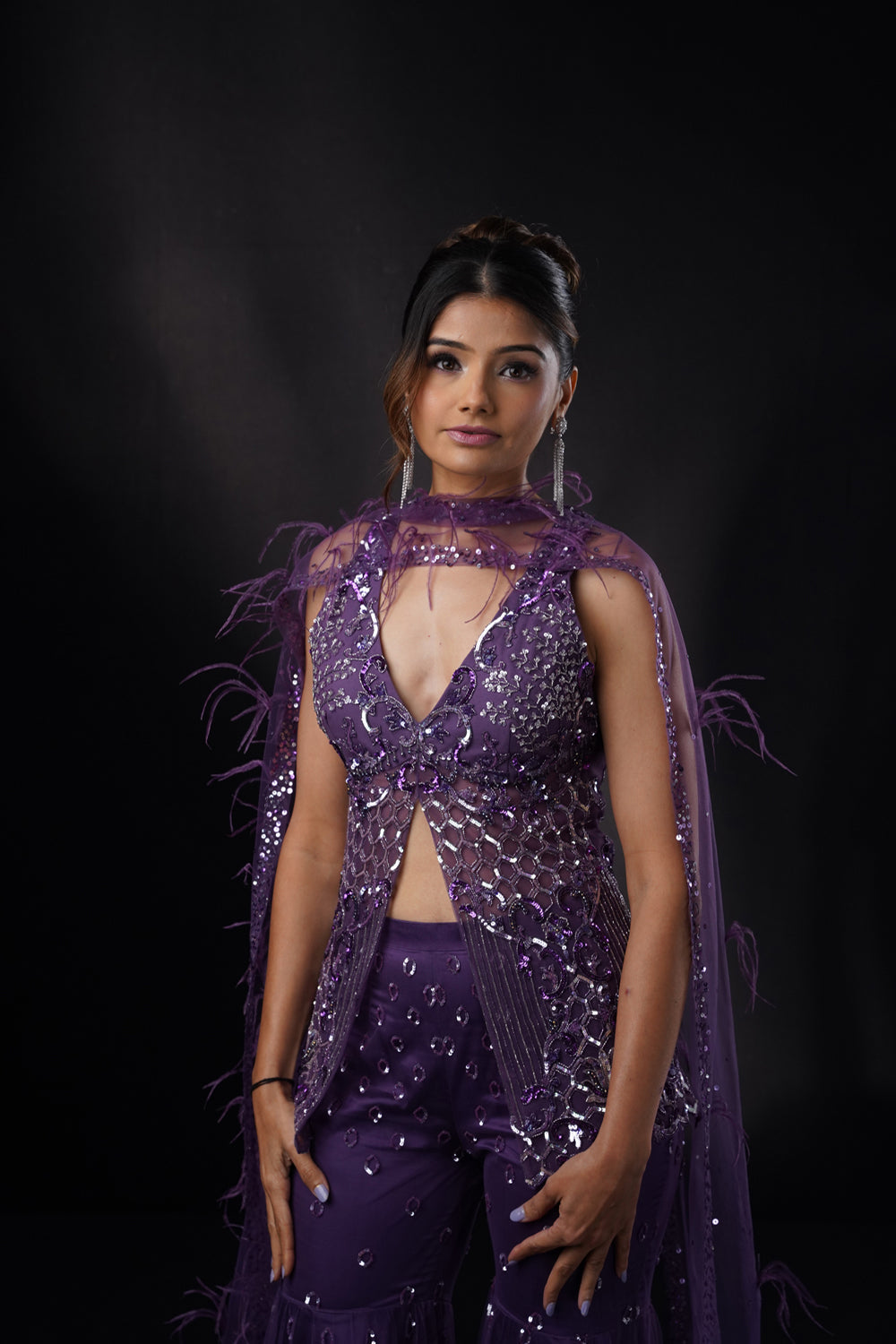 "Jia" Purple Sharara Set With Cape