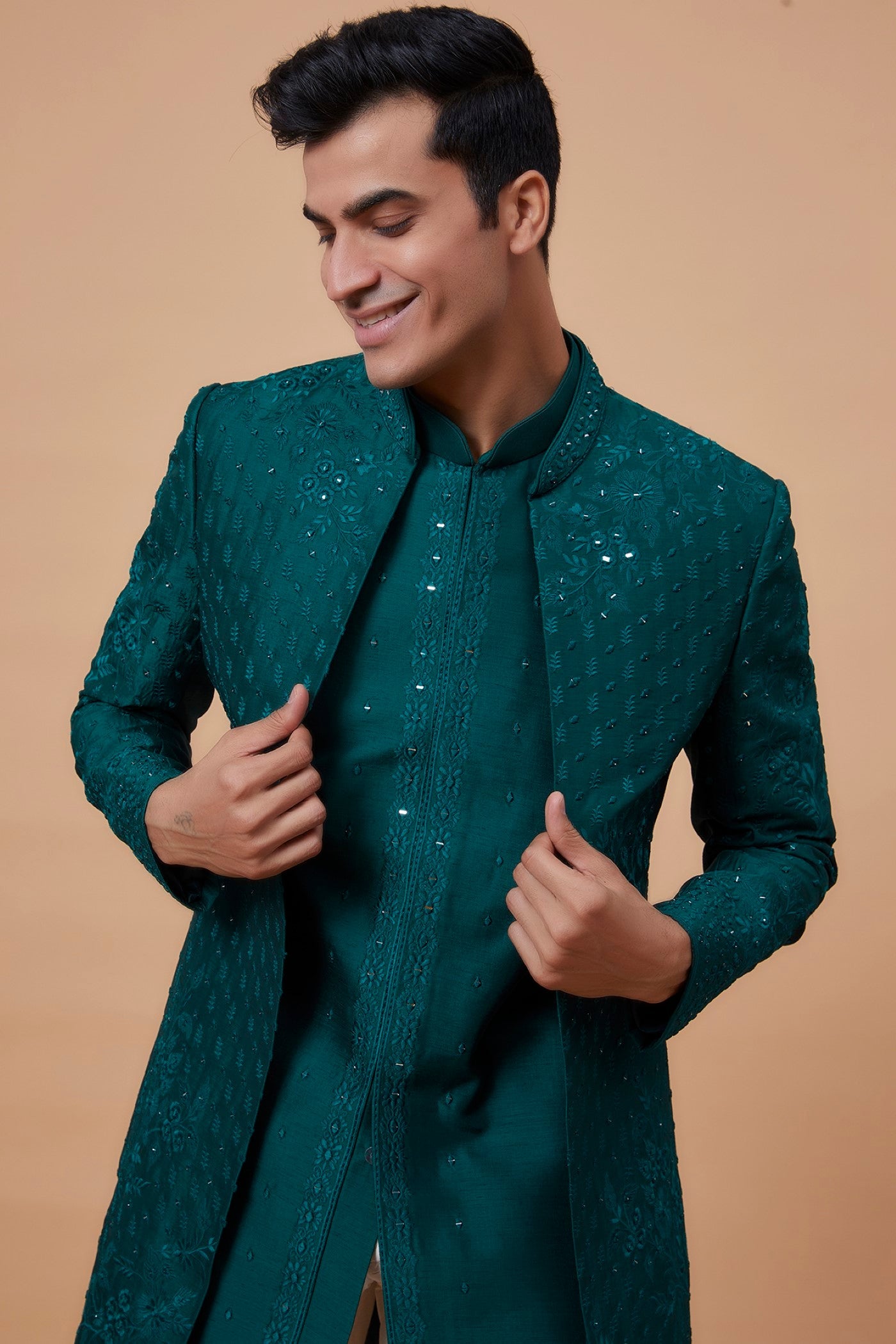 Teal Silk Embroidered Indowestern Set