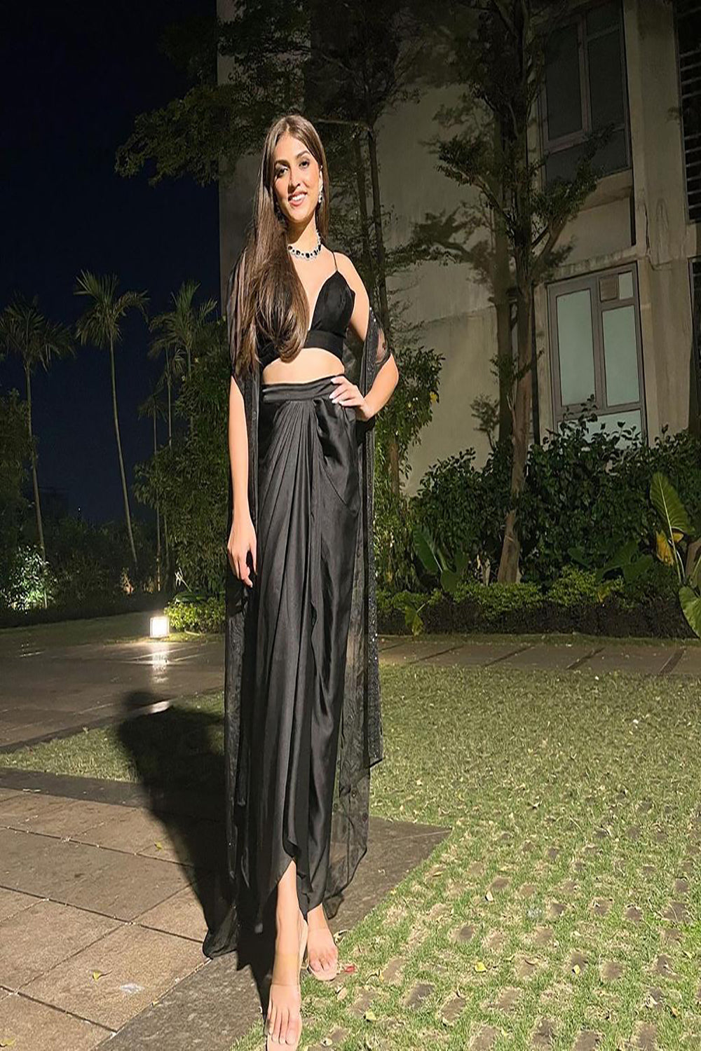 Black Stonned Drape Skirt Cape Set - Auraya Fashion - Ranbir Mukherjee - #tag1# - #tag2# - #tag3# - #tag3#