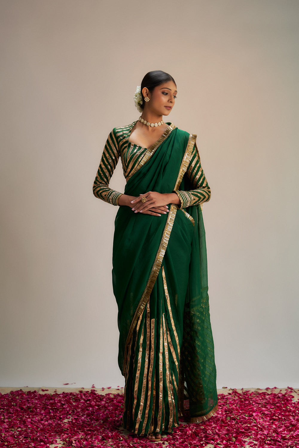 Dark Green Modal Silk- Organza Gota Work Saree Set - Auraya Fashion - Ranbir Mukherjee - #tag1# - #tag2# - #tag3# - #tag3#