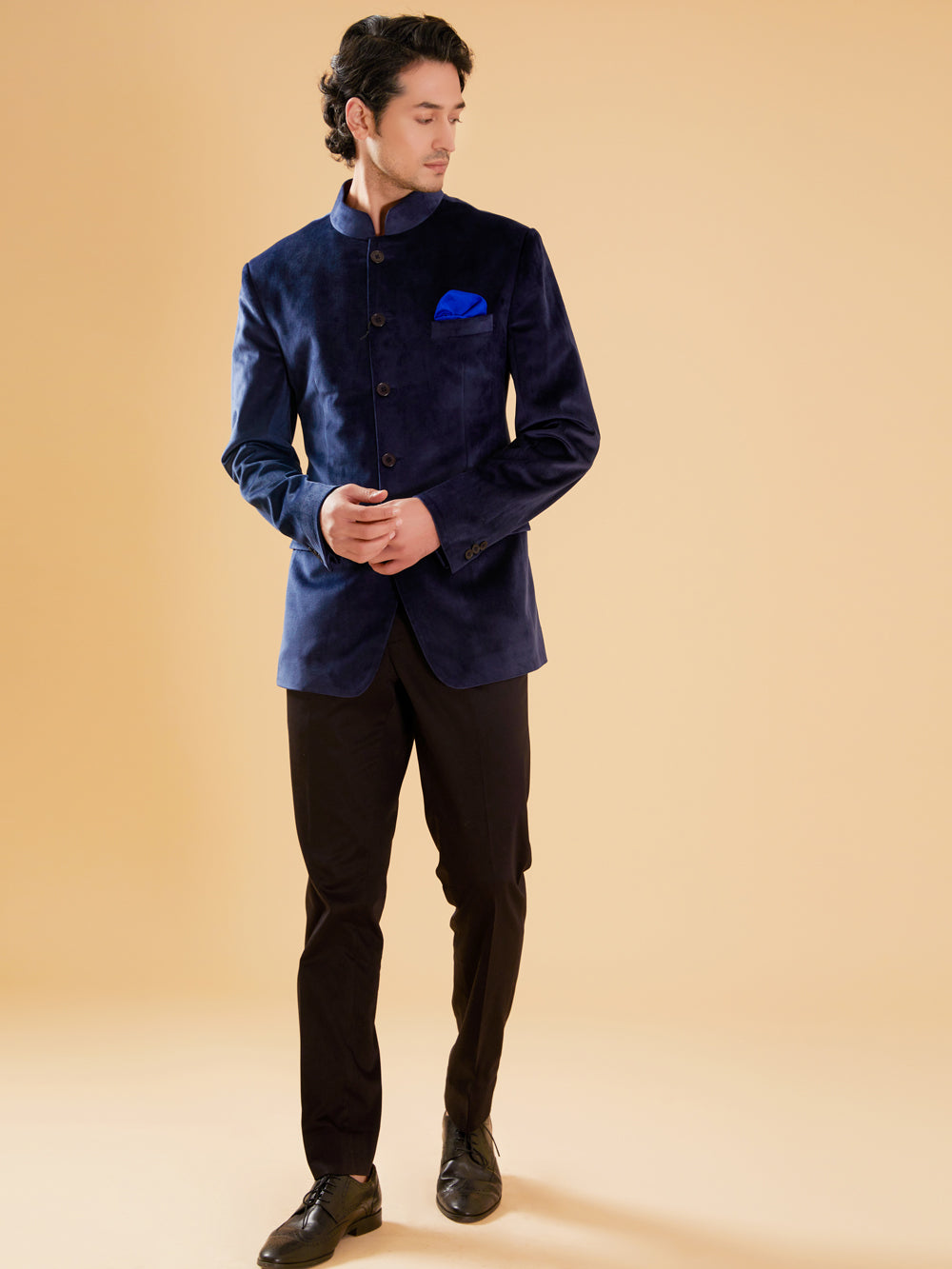 Navy Velvet Bandhgala Jacket - Auraya Fashion -  - #tag1# - #tag2# - #tag3# - #tag3#