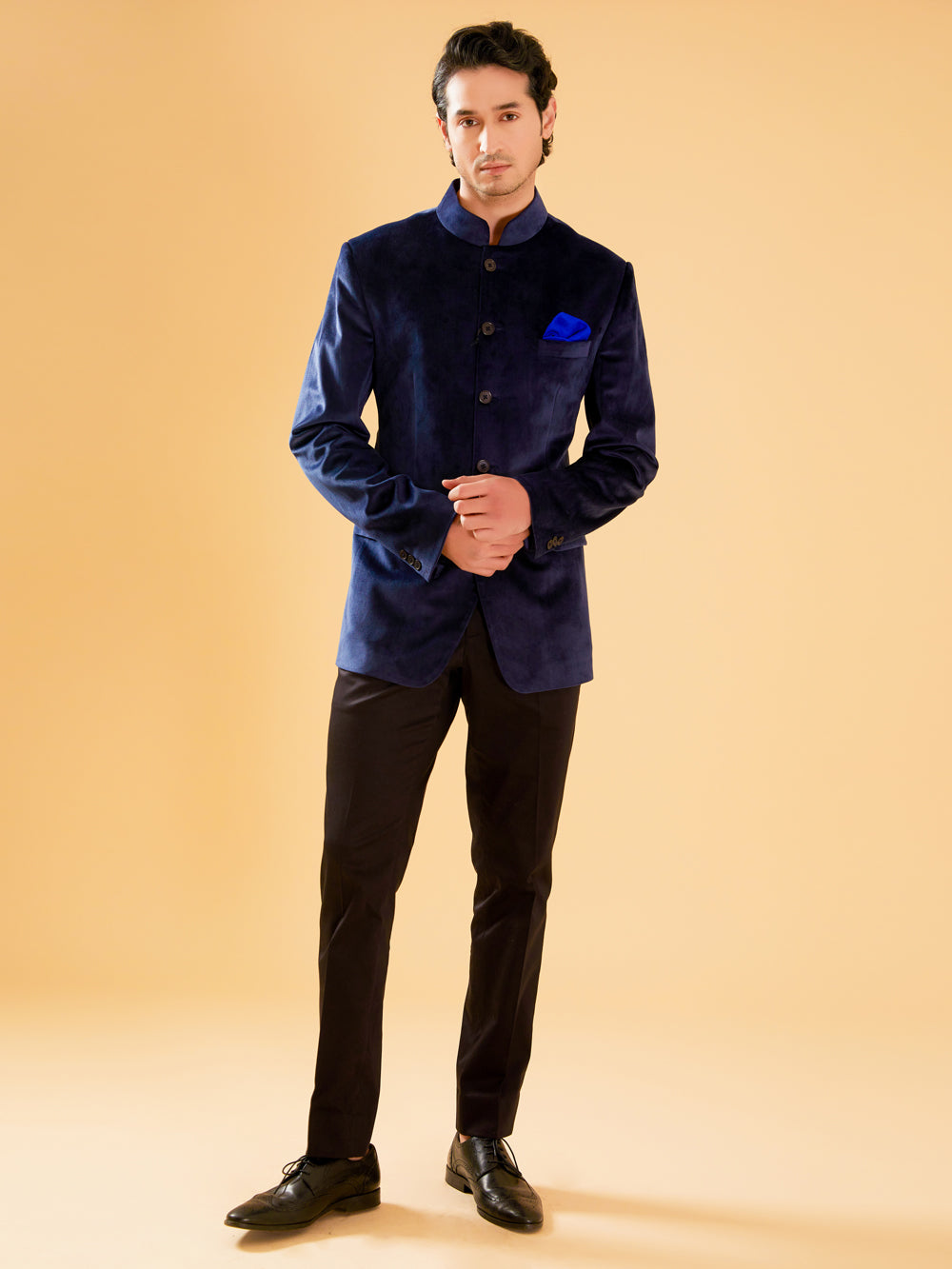 Navy Velvet Bandhgala Jacket - Auraya Fashion -  - #tag1# - #tag2# - #tag3# - #tag3#