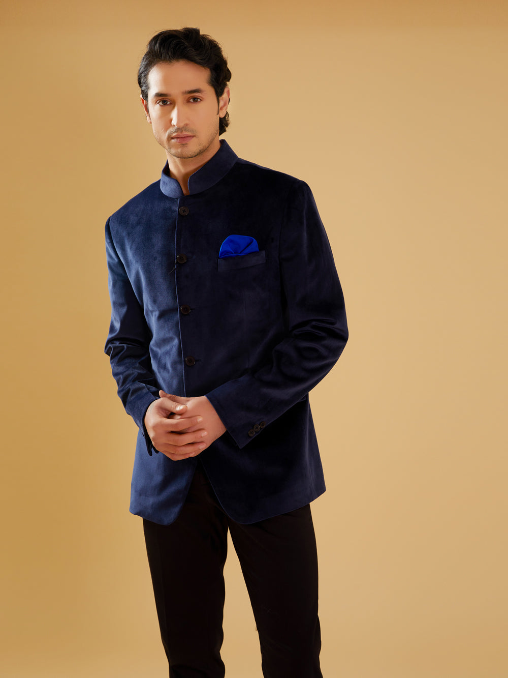 Navy Velvet Bandhgala Jacket - Auraya Fashion -  - #tag1# - #tag2# - #tag3# - #tag3#