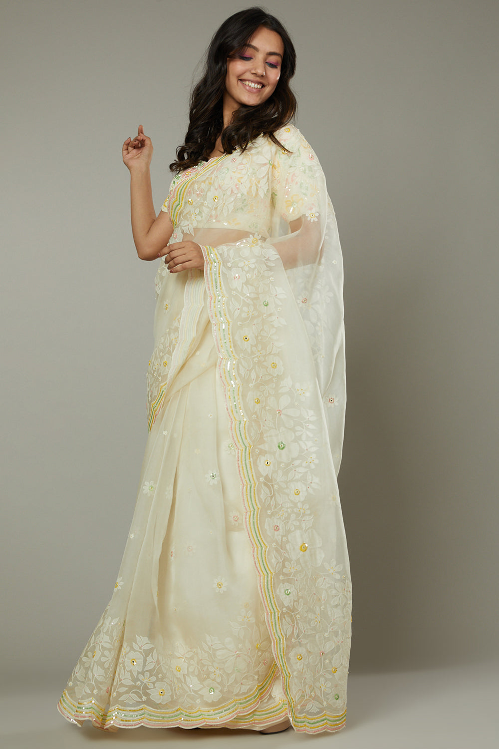French Vanilla Candy Applique & Hand Emboidered Silk Organza Saree - Auraya Fashion - I am Design - #tag1# - #tag2# - #tag3# - #tag3#