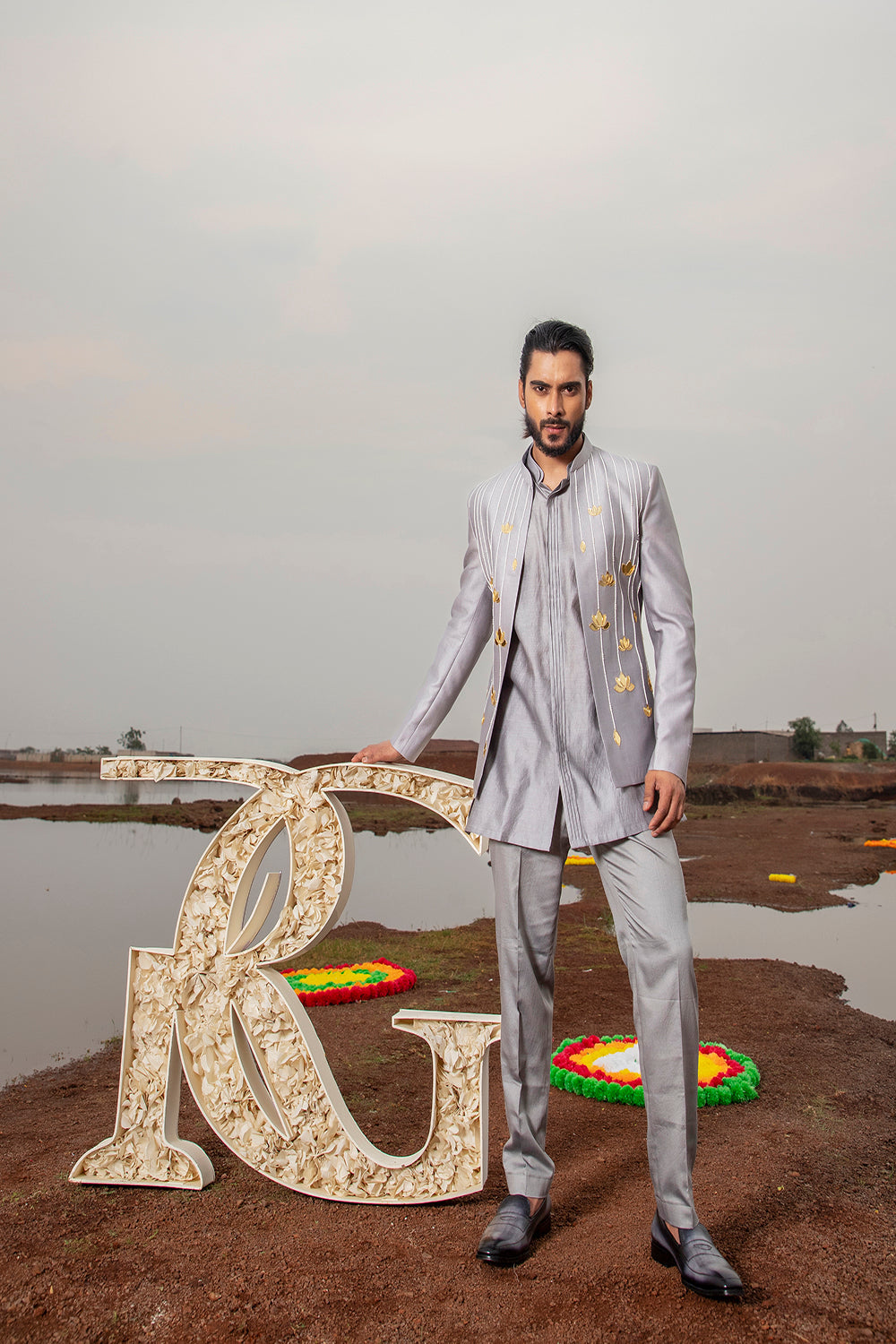 Ash Lotus Embroidered Jodhpuri Set - Auraya Fashion - Runit Gupta - #tag1# - #tag2# - #tag3# - #tag3#