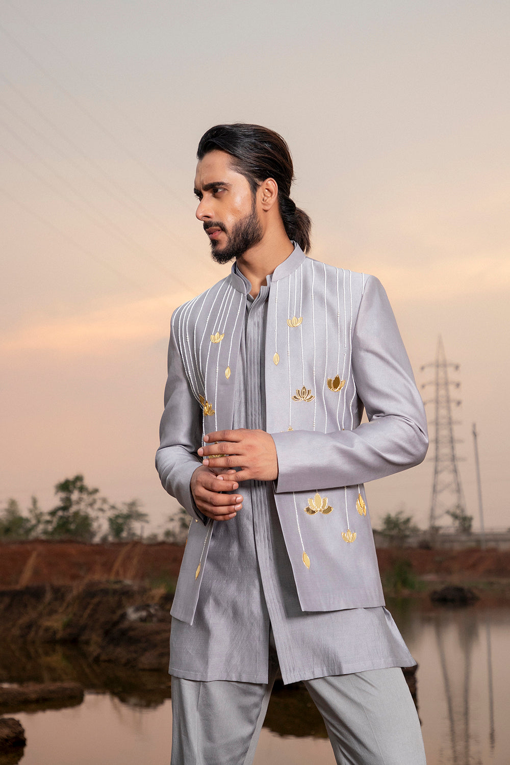 Ash Lotus Embroidered Jodhpuri Set - Auraya Fashion -  - #tag1# - #tag2# - #tag3# - #tag3#