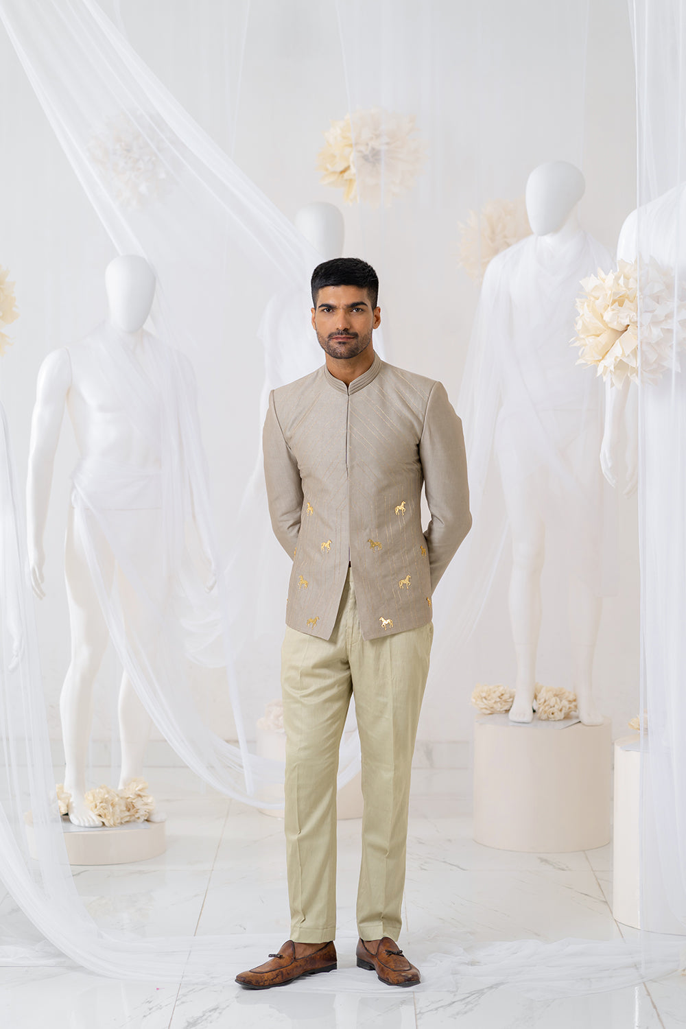 Khaki Horse Embroidered Jodhpuri Set - Auraya Fashion - Runit Gupta - #tag1# - #tag2# - #tag3# - #tag3#