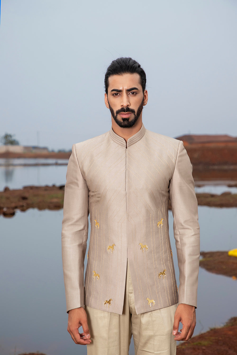 Khaki Horse Embroidered Jodhpuri Set - Auraya Fashion -  - #tag1# - #tag2# - #tag3# - #tag3#