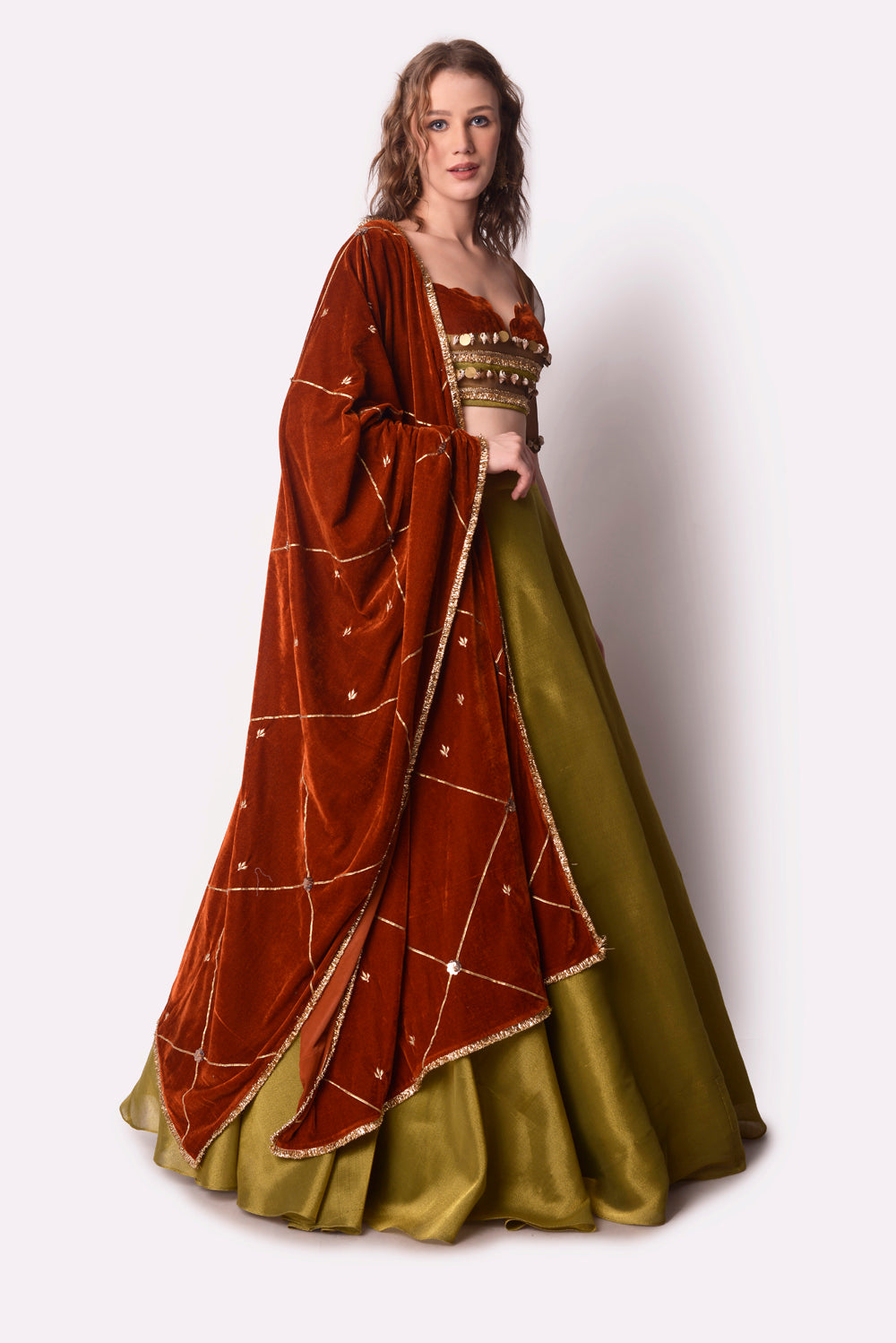 Rust  Olive Lehenga Set - Auraya Fashion -  - #tag1# - #tag2# - #tag3# - #tag3#
