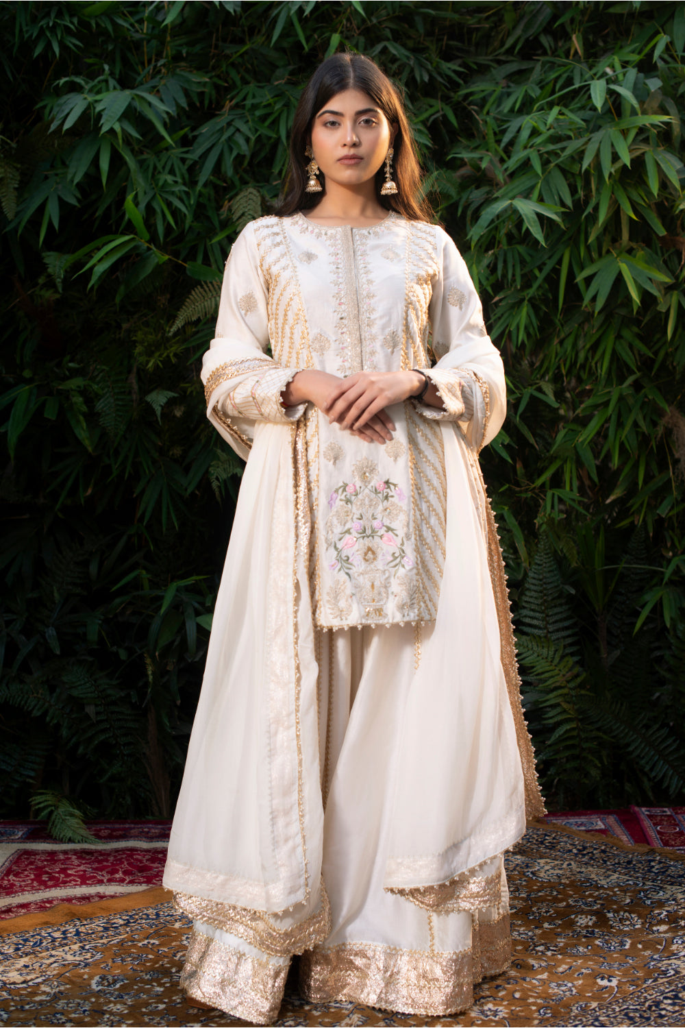 Ivory Kirandori, Gotta  Kurti With Gotta Sharara And Organza Dupatta - Auraya Fashion - Guldavari -