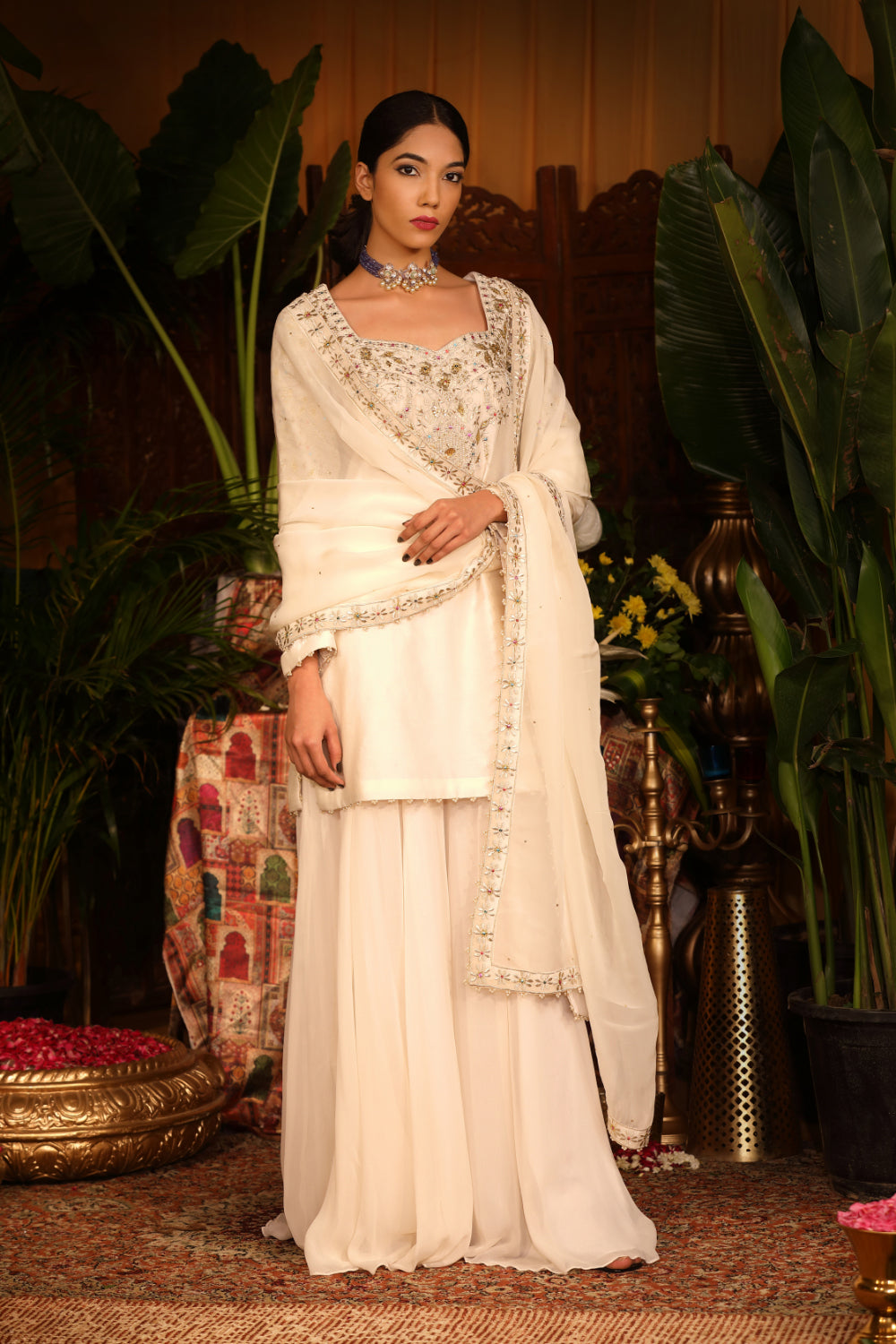 Ivory Chanderi Silk Kurti Paired With Georgette Sharara And Silk Organza Dupatta - Auraya Fashion - Guldavari -