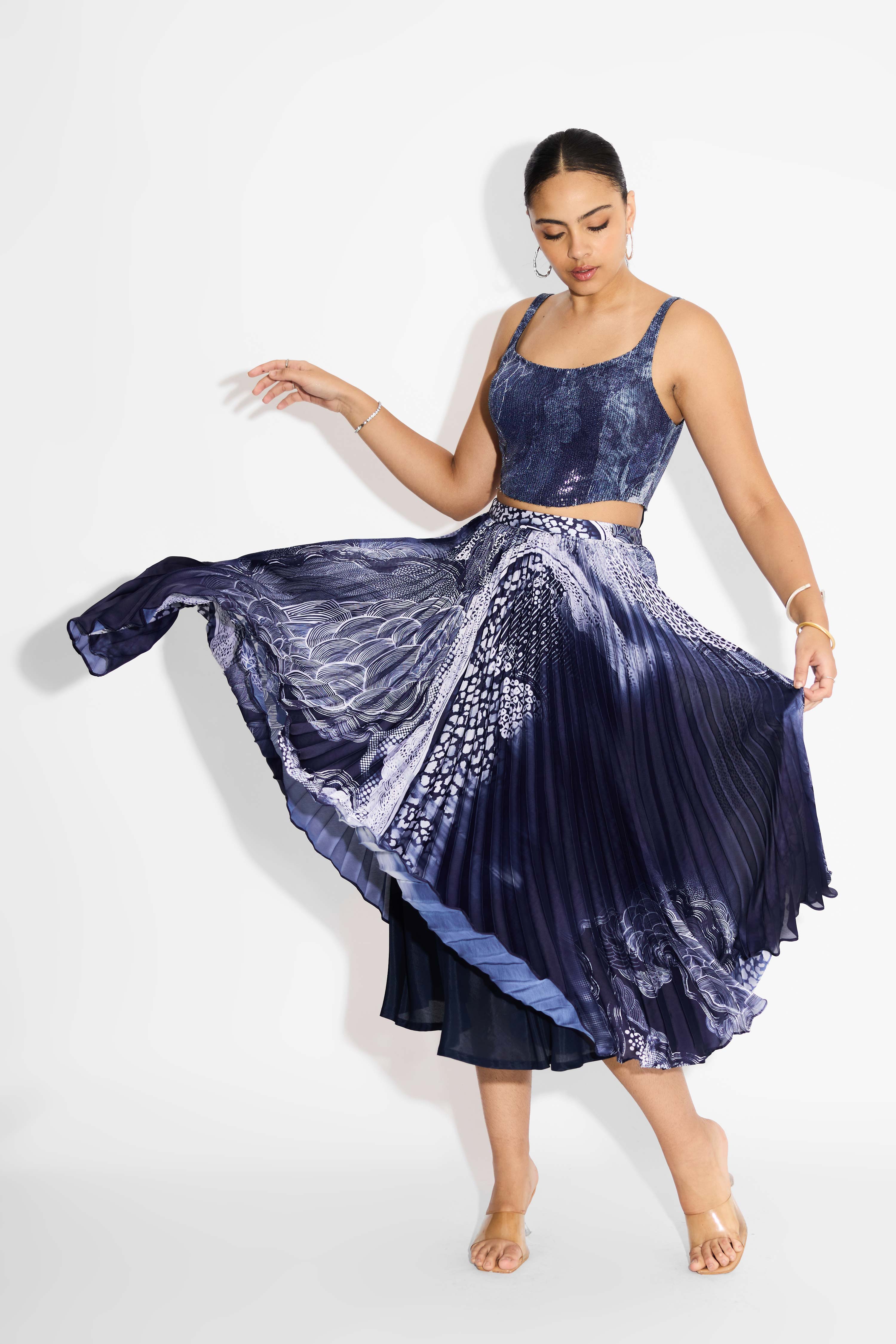 Blue Swirl Pleated Skirt