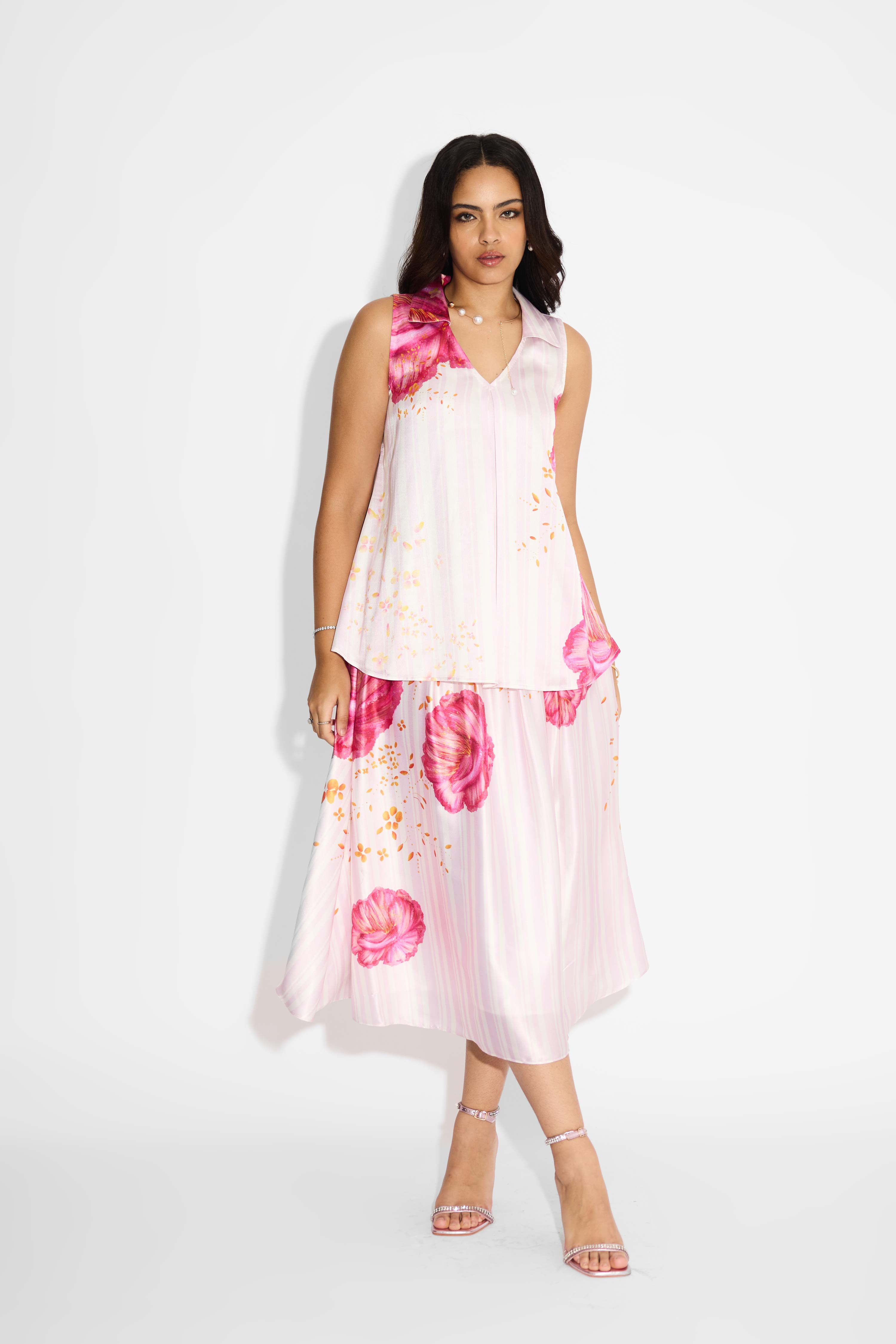 Stripes Floral Gathered Skirt