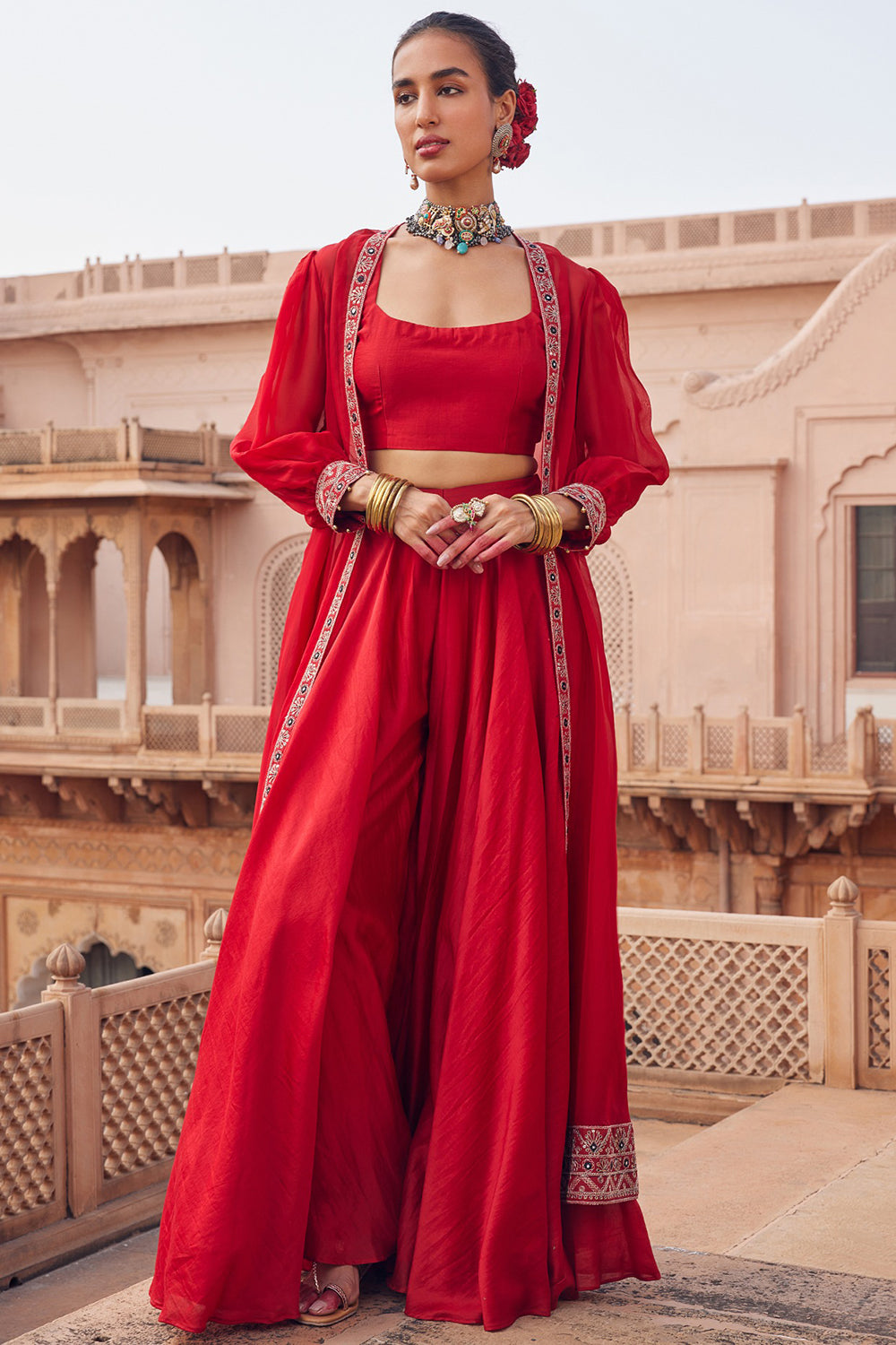 Embroidered Red Silk Organza & Chanderi Silk Co-Ord Set - Auraya Fashion - Seema Nanda -