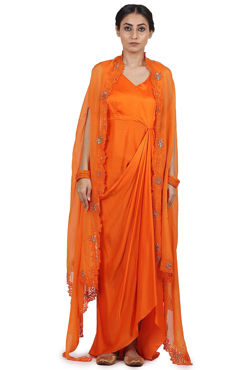 Organza Cape Set In Orange - Auraya Fashion - Seema Nanda -