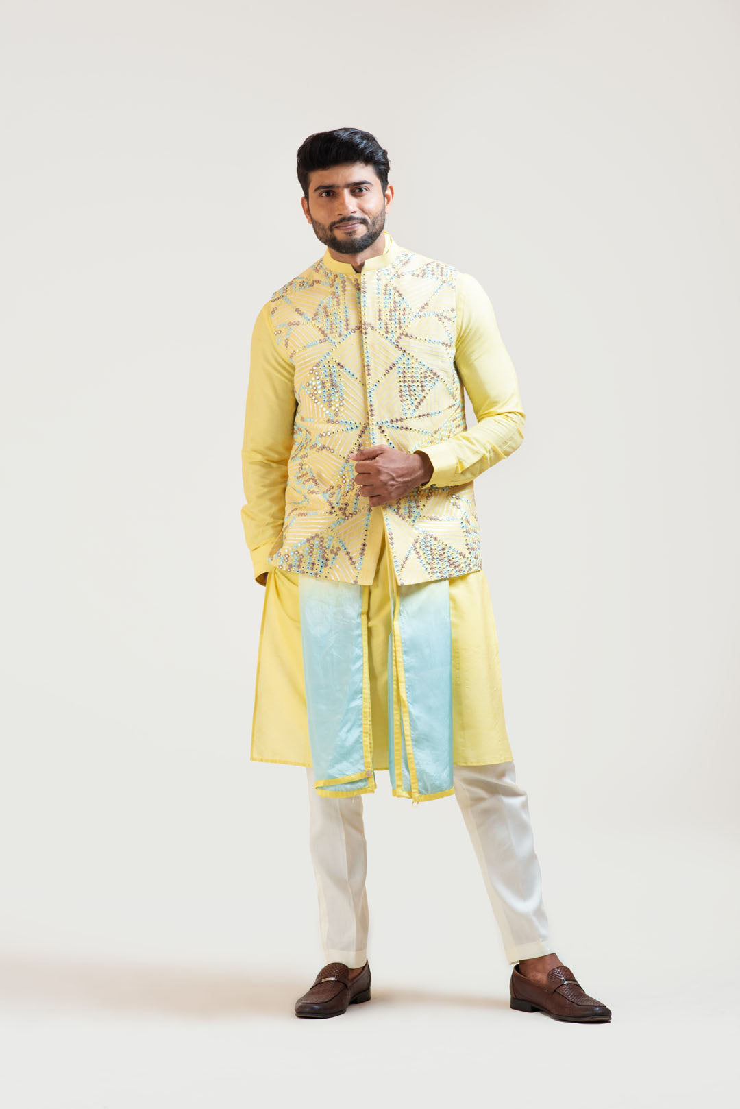 Yellow Silk Kurta with a Mirror Nehru & a Detachable Stole Drape
