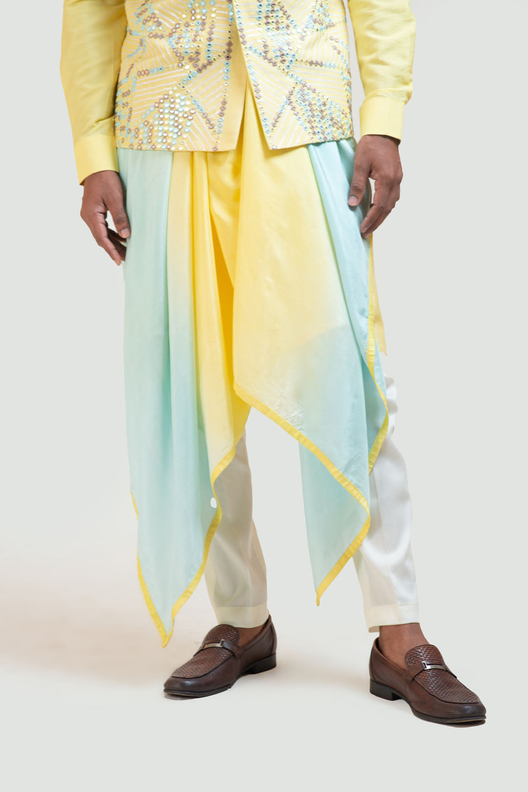 Yellow Silk Kurta with a Mirror Nehru & a Detachable Stole Drape