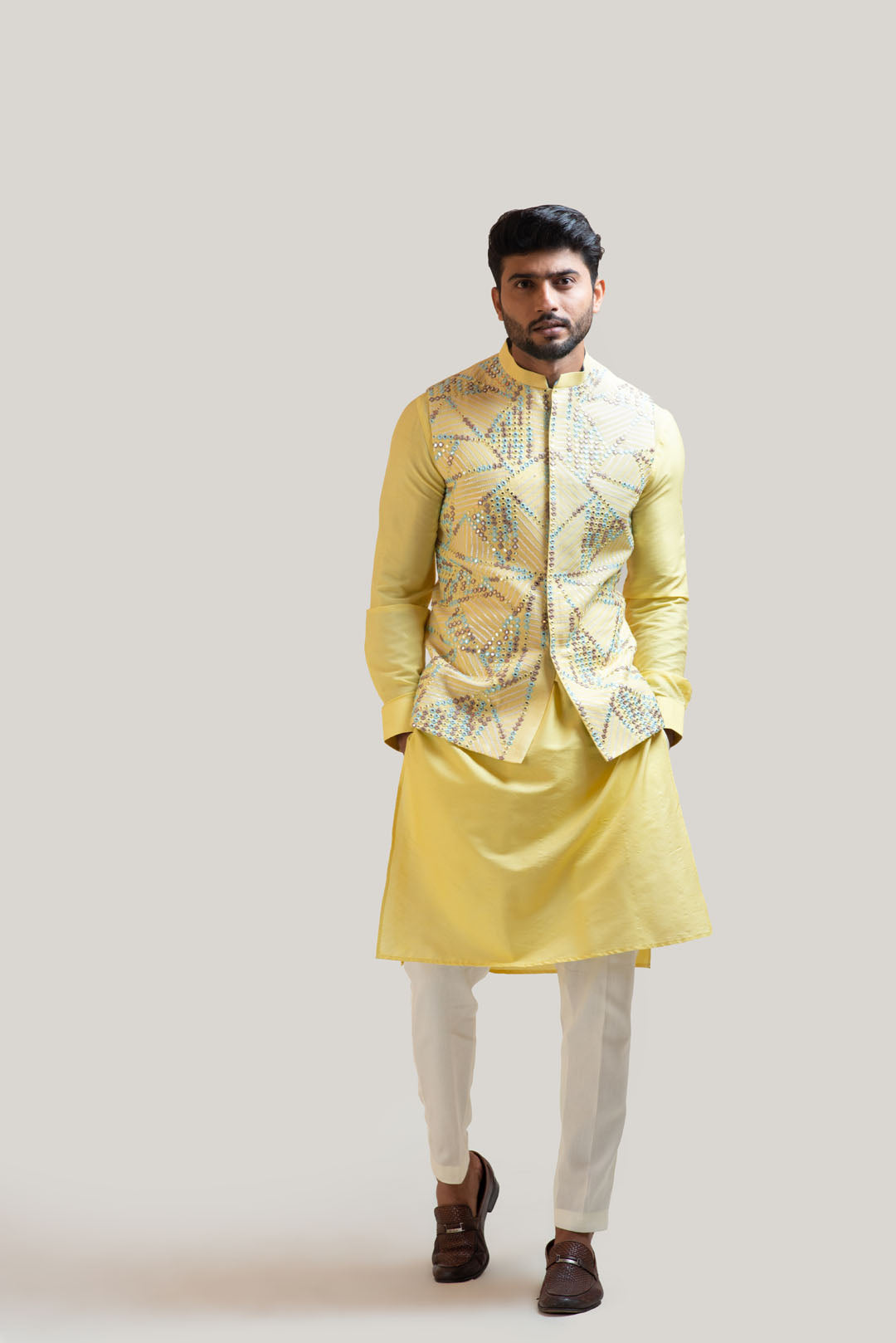 Yellow Silk Kurta Set with a Mirror work Nehru