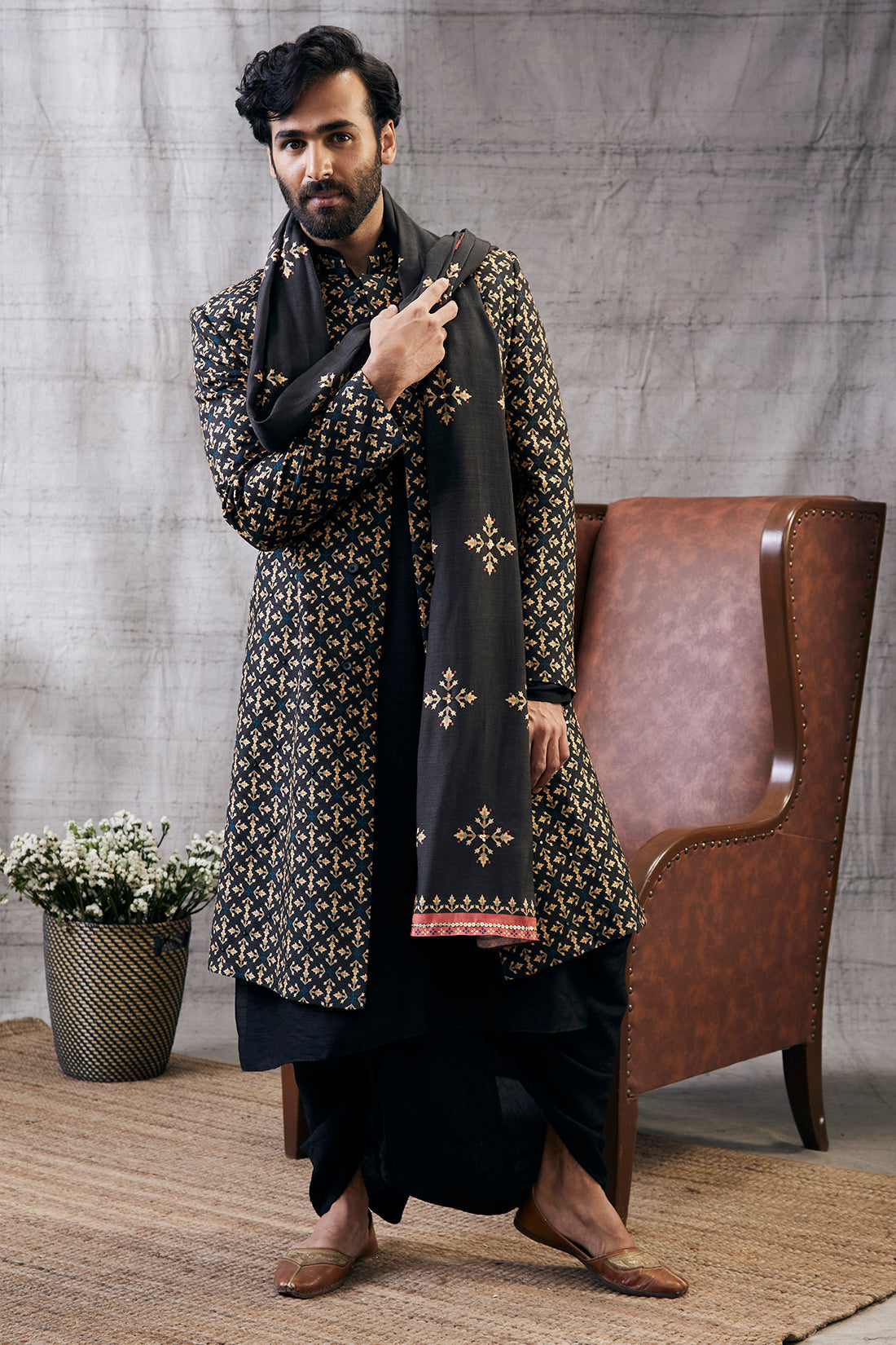 Image of Zahra Printed Longline Jacket with Dhoti Set