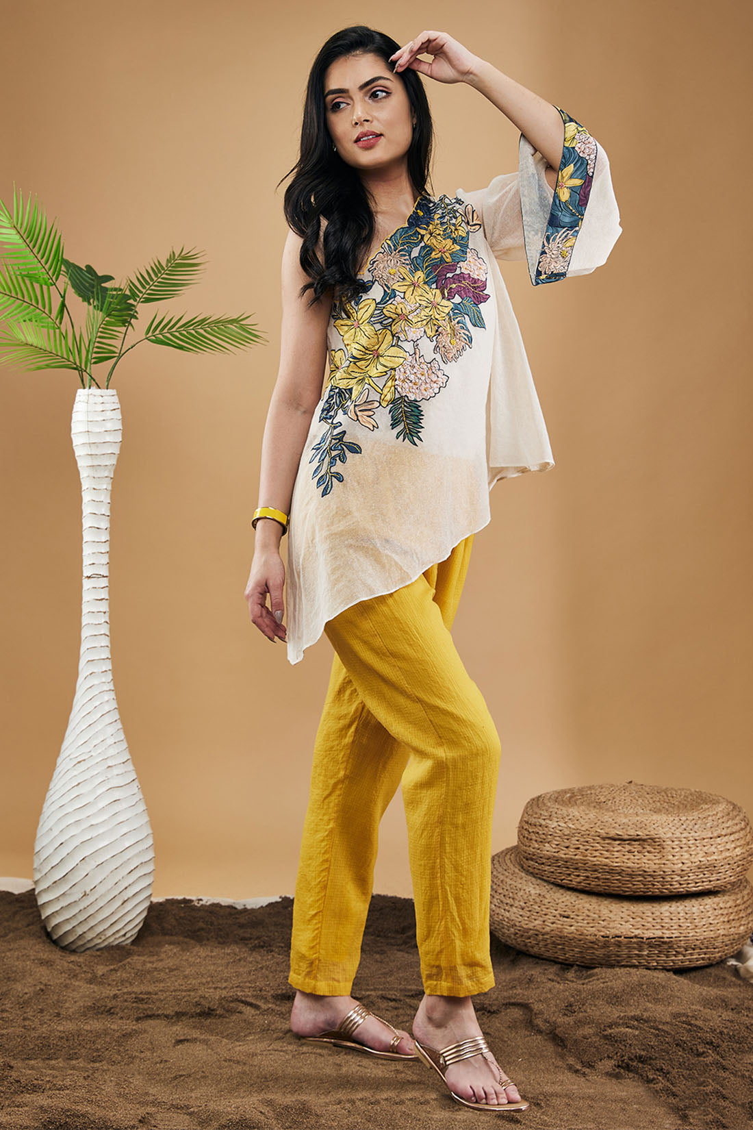 Image of Zinnia Applique One-shoulder Top With Pants