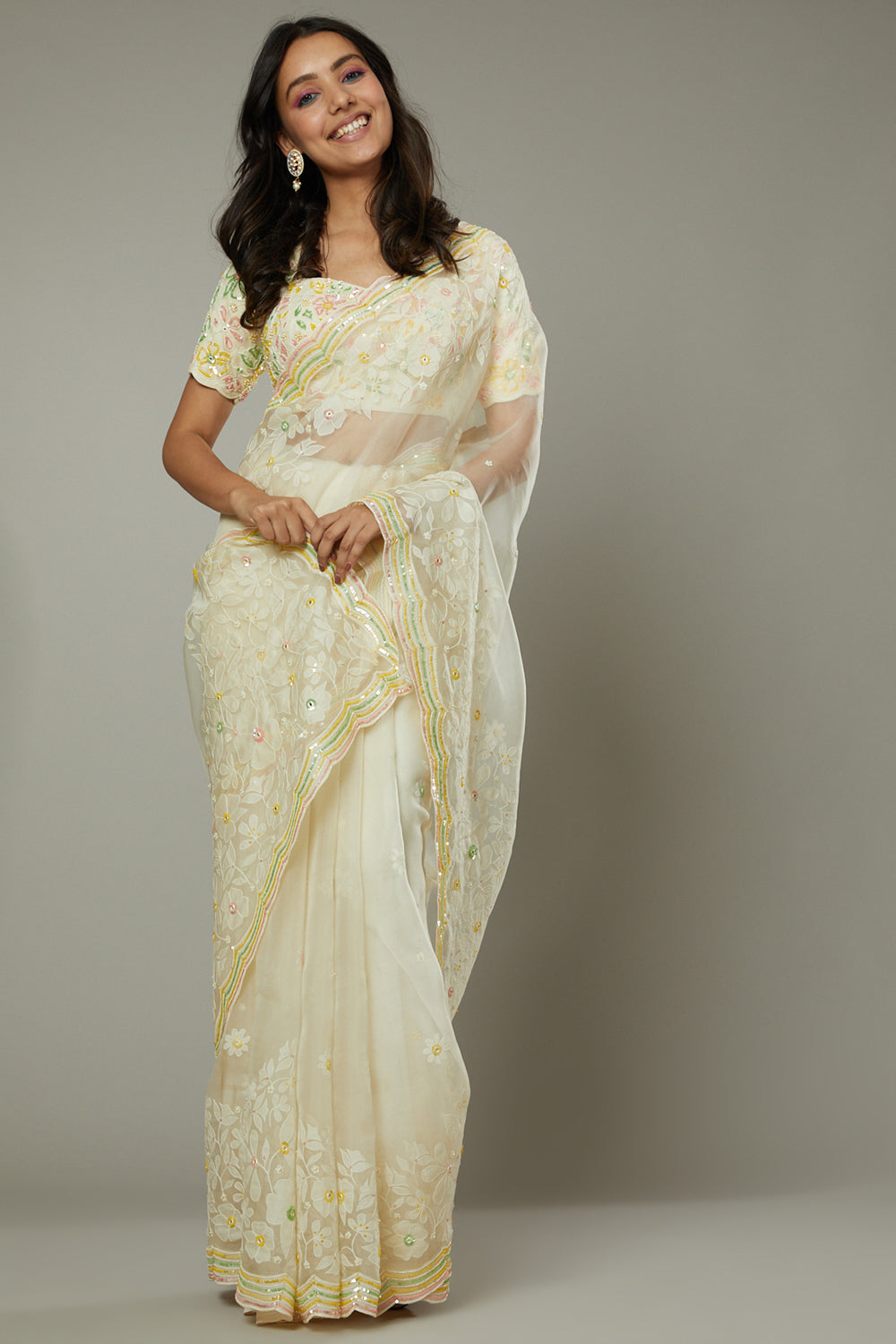 French Vanilla Candy Applique & Hand Emboidered Silk Organza Saree Set - Auraya Fashion - I am Design - #tag1# - #tag2# - #tag3# - #tag3#