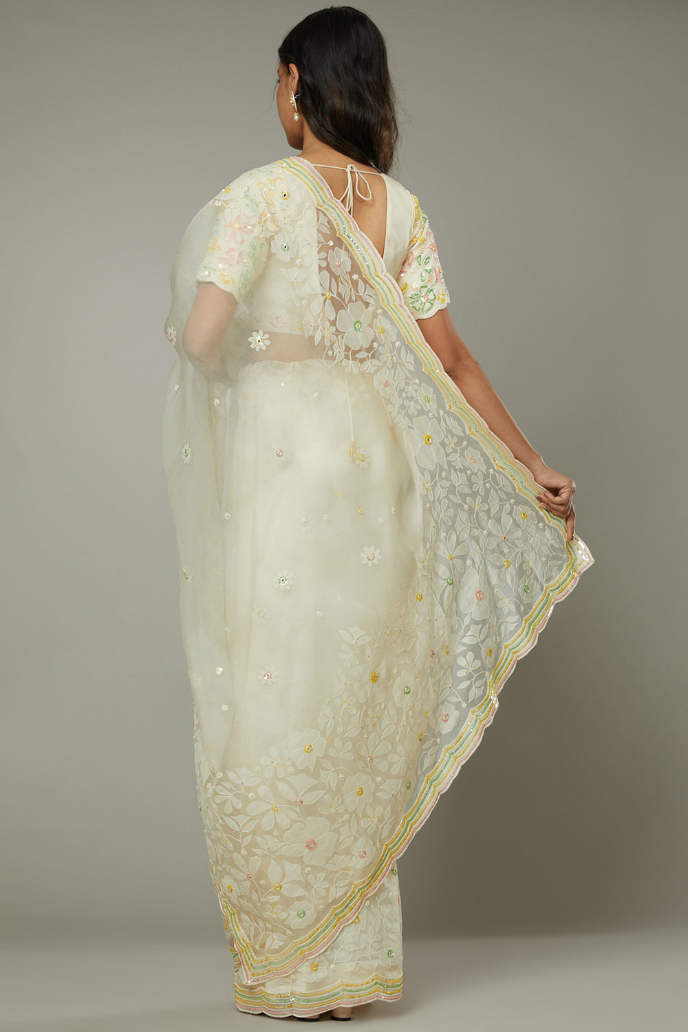 French Vanilla Candy Applique & Hand Emboidered Silk Organza Saree Set - Auraya Fashion -  - #tag1# - #tag2# - #tag3# - #tag3#