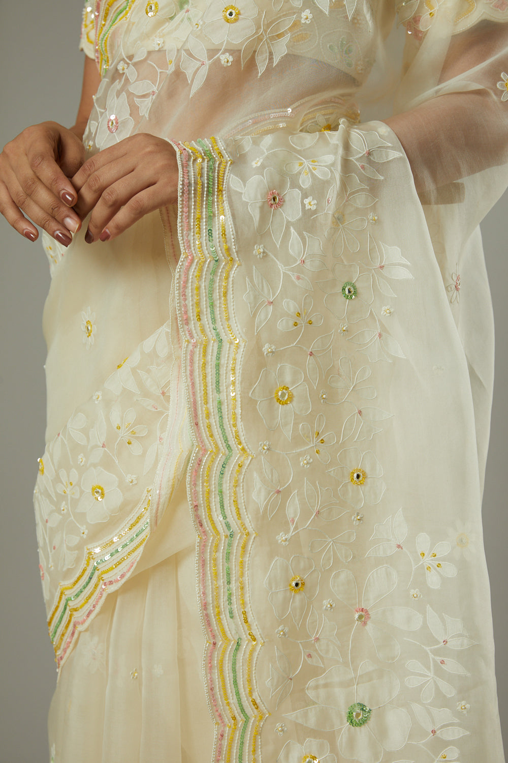 French Vanilla Candy Applique & Hand Emboidered Silk Organza Saree Set - Auraya Fashion -  - #tag1# - #tag2# - #tag3# - #tag3#