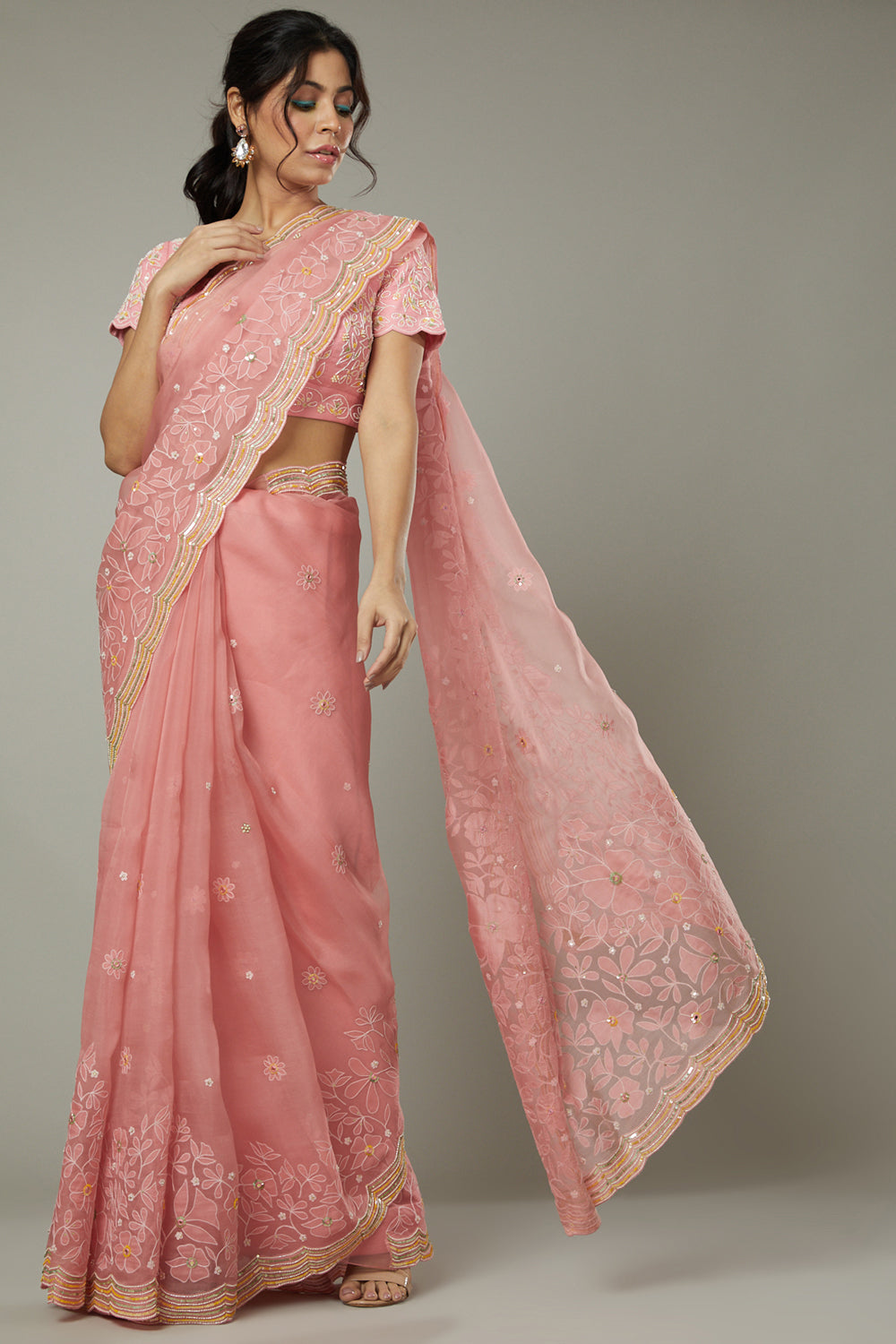 Candy Floss Applique & Hand Emboidered Silk Organza Saree Set - Auraya Fashion - I am Design - #tag1# - #tag2# - #tag3# - #tag3#