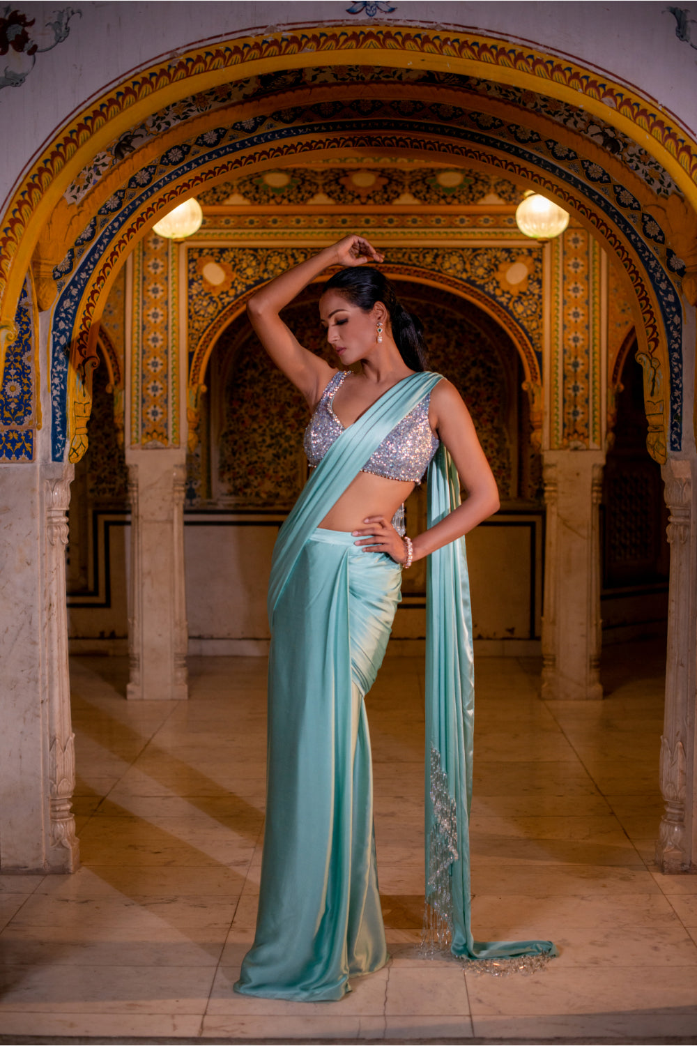 Ice Blue Satin Silk Drape Saree - Auraya Fashion - Guldavari -