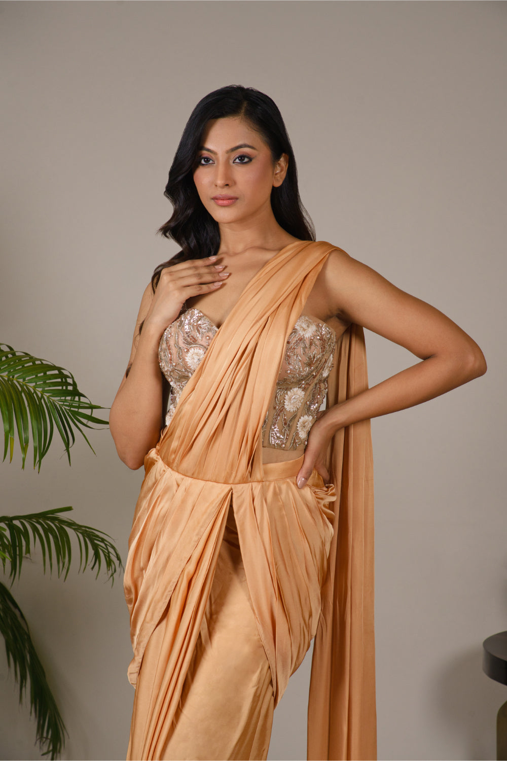 Gold Satin Silk Drape Saree - Auraya Fashion