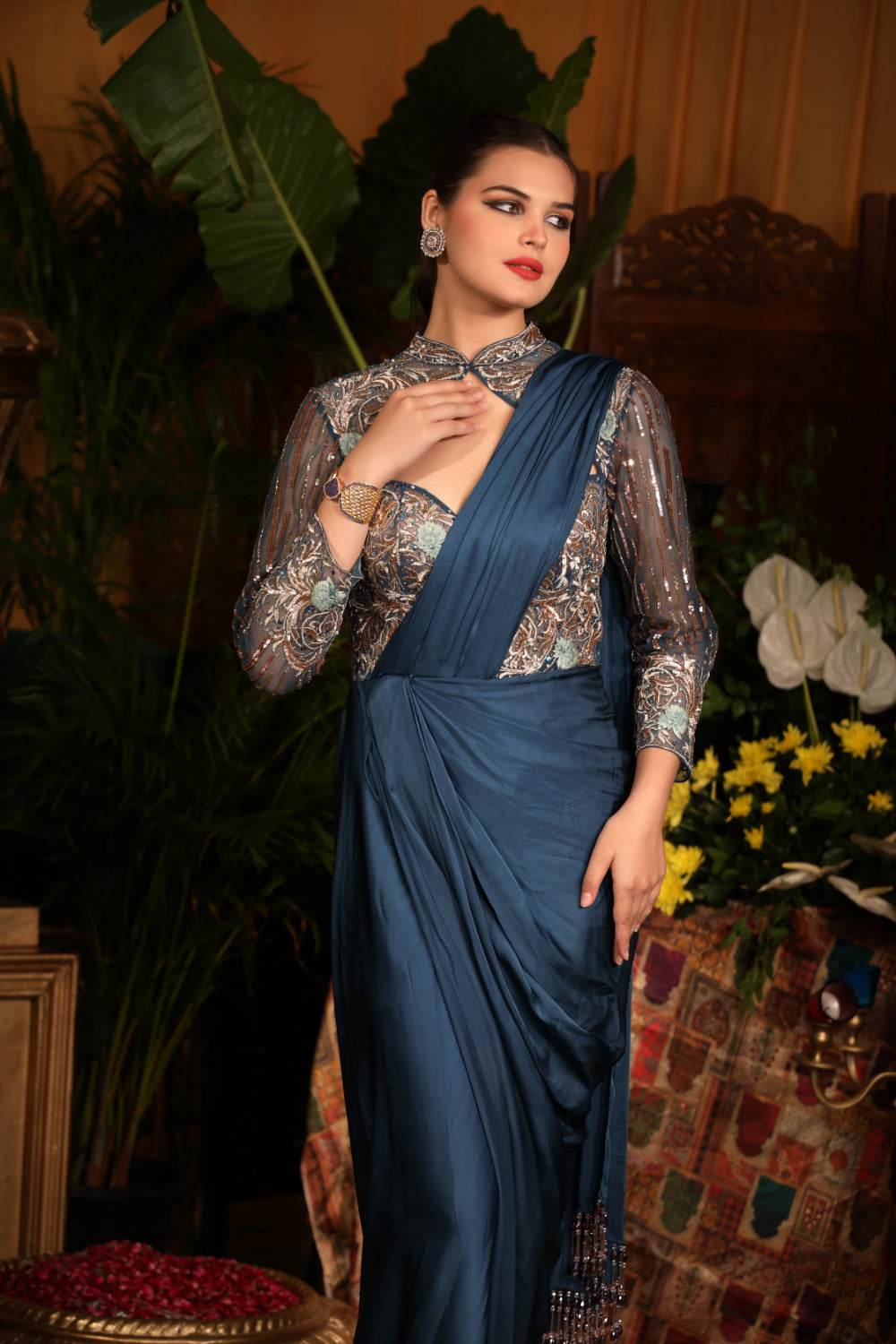 Blue Drapee Satin Saree - Auraya Fashion