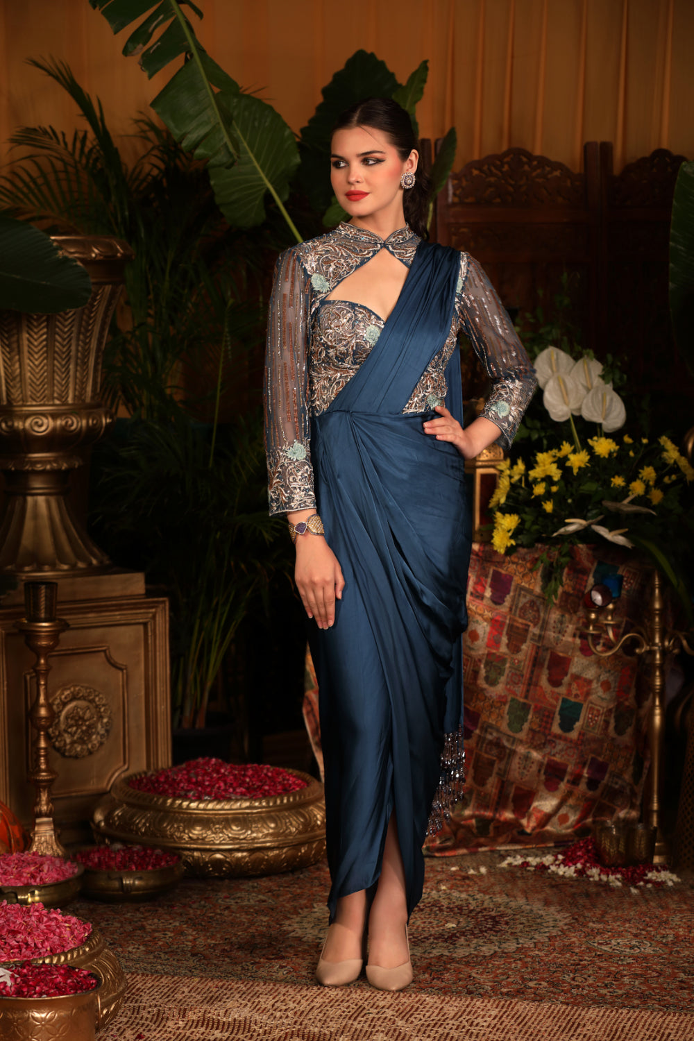 Blue Drapee Satin Saree - Auraya Fashion - Guldavari -