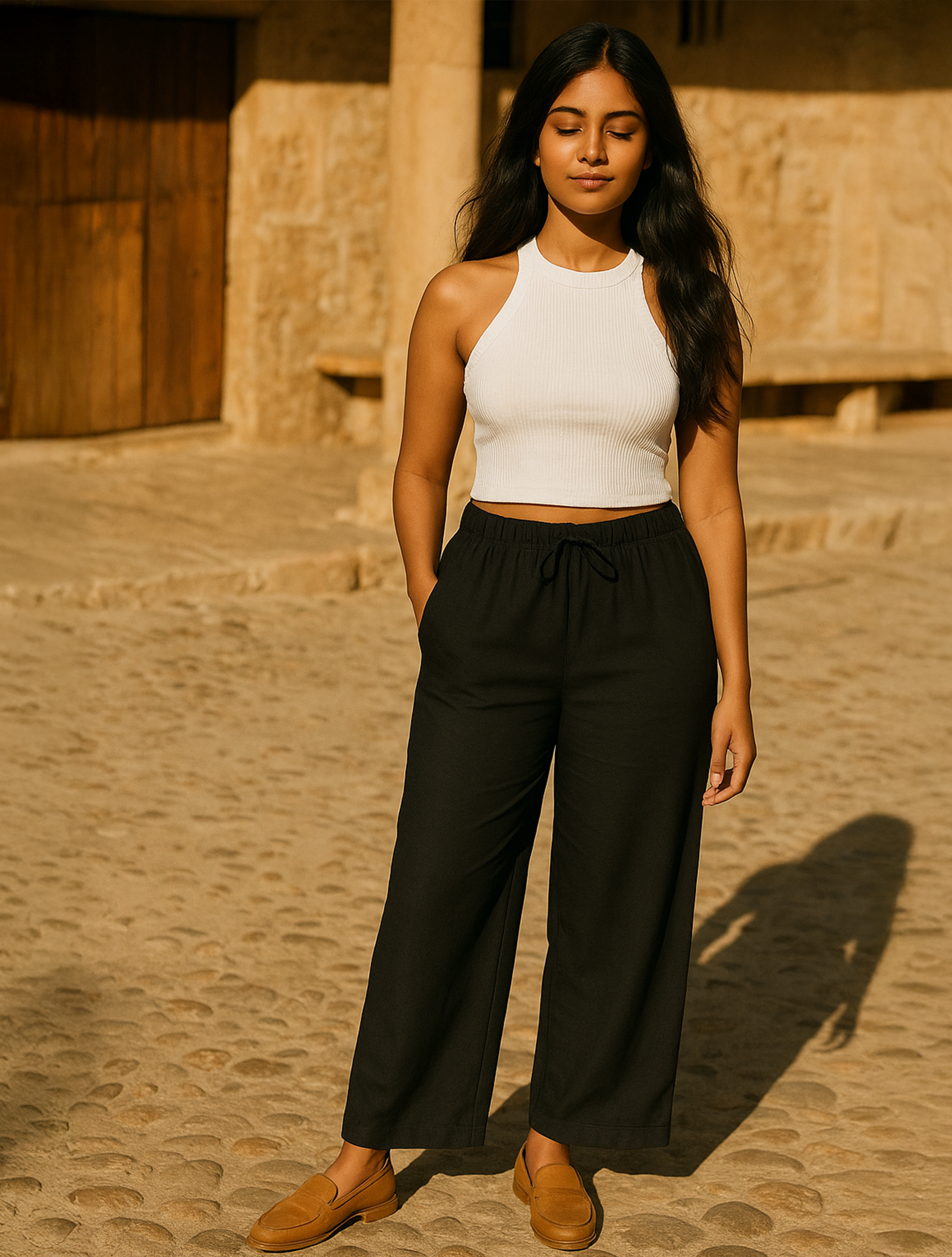 trueBrowns Black Cotton Blend Elasticated Drawstring Straight Pants