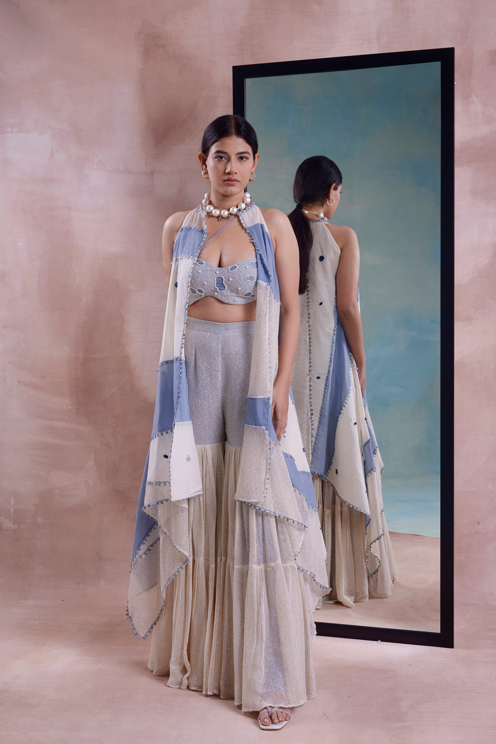 Patchwork Jacket With Mesh Sharara And Bustier