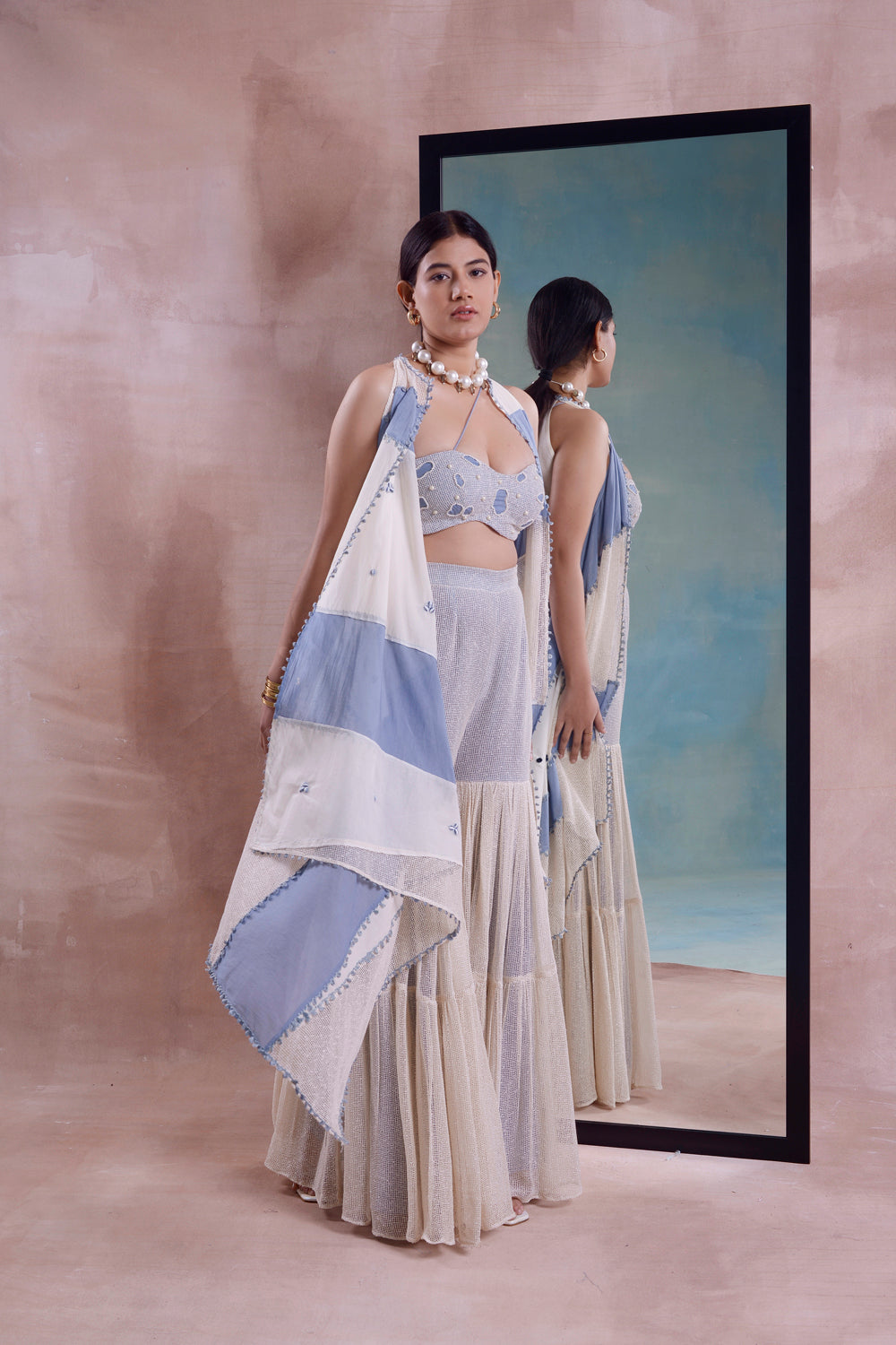 Patchwork Jacket With Mesh Sharara And Bustier