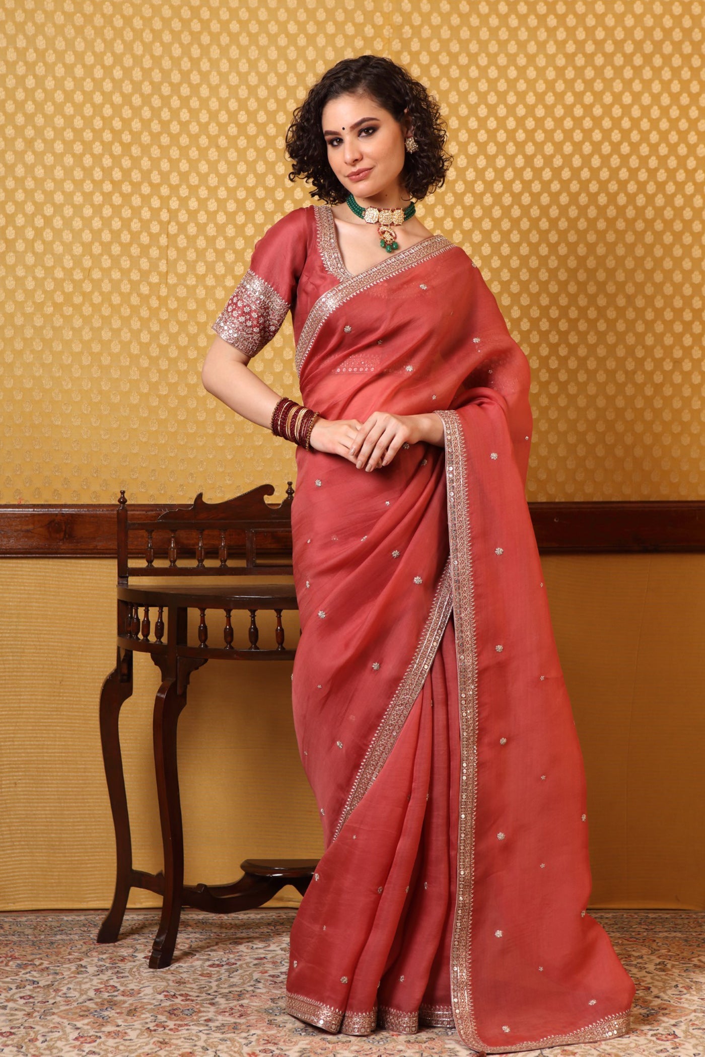 Handembroidered Cranberryred Pure Silkorganza Sareeblouse Set