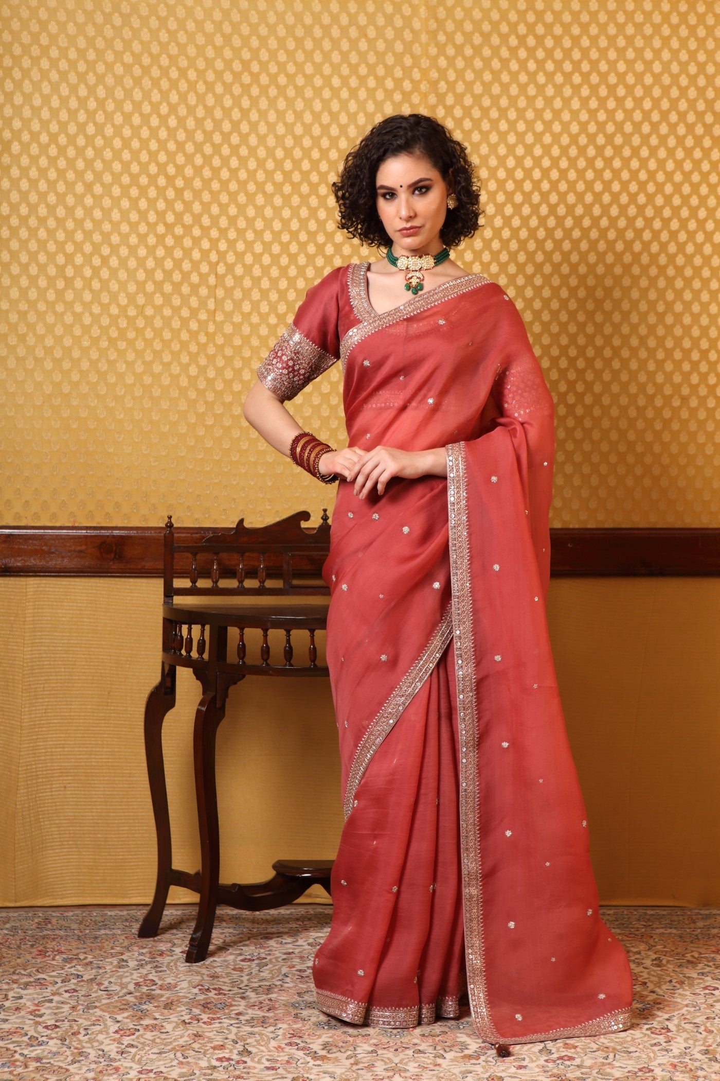 Handembroidered Cranberryred Pure Silkorganza Sareeblouse Set