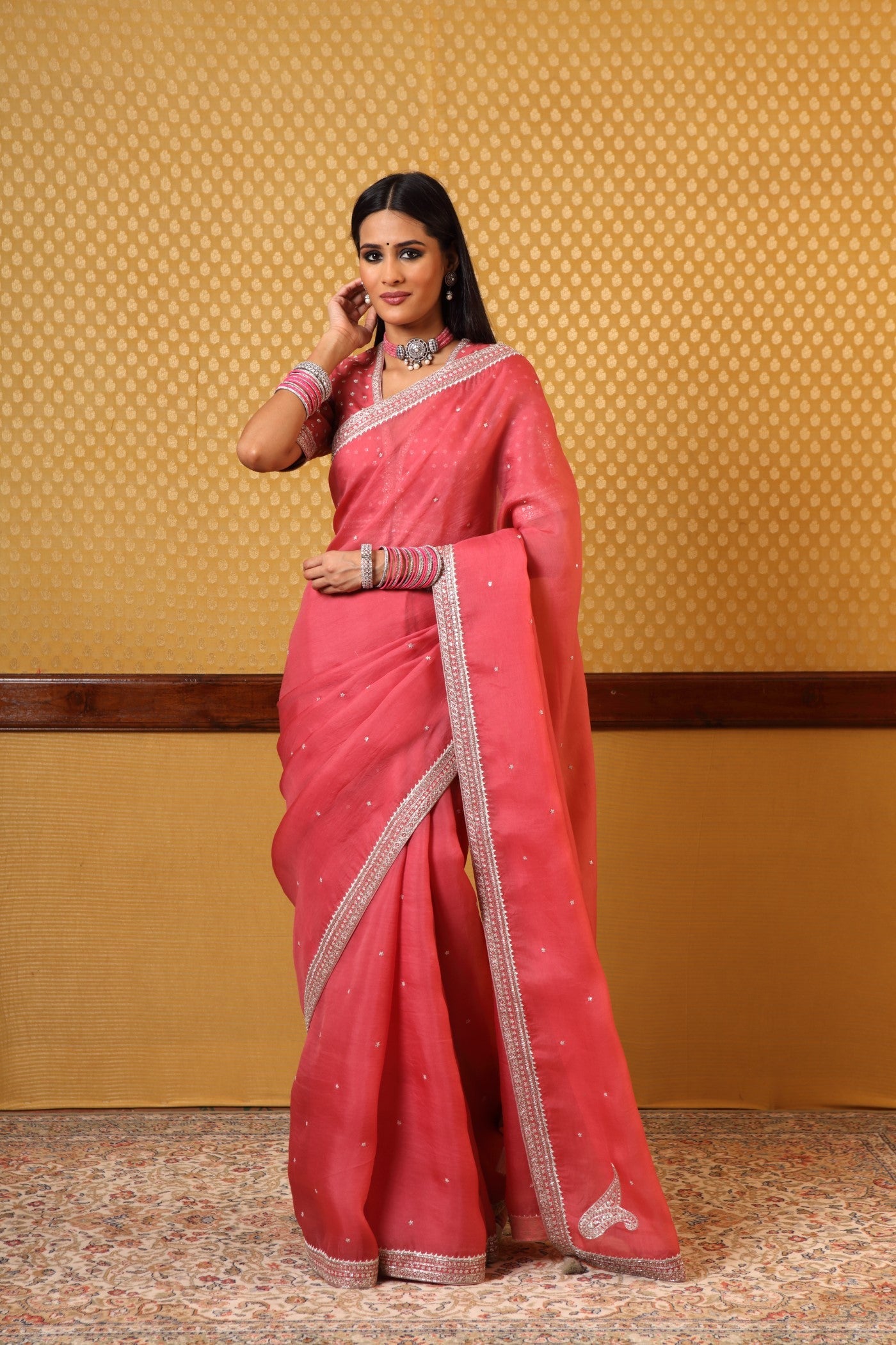 Handembroidered Flamingopink Pure Silkorganza Sareeblouse Set