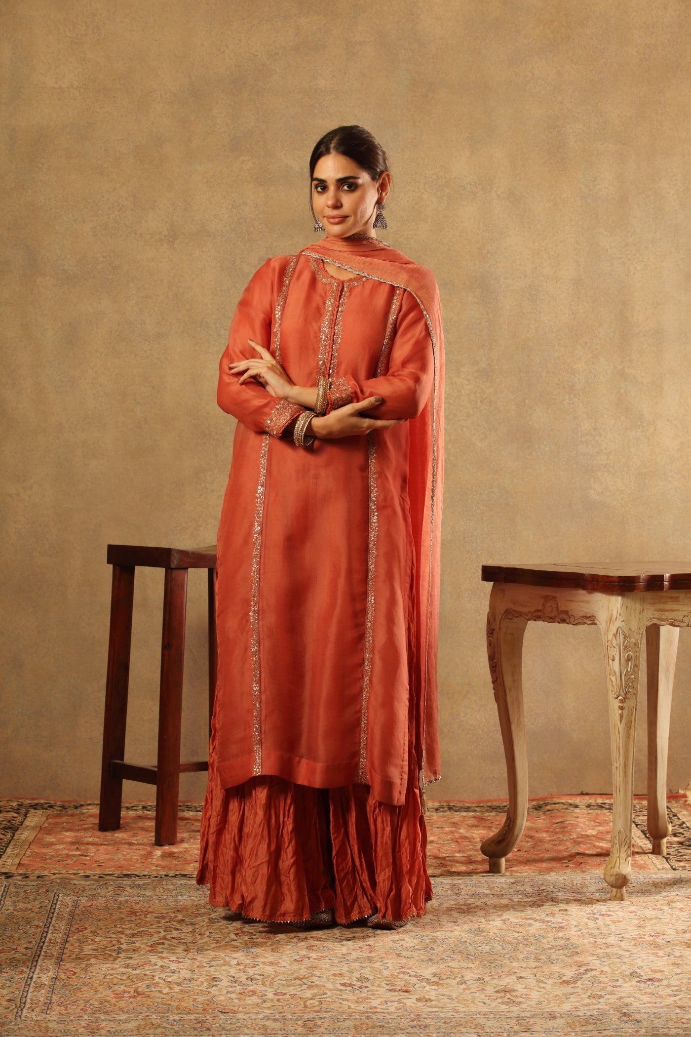 Hand Embroidered Burnt Peach Pure Silk Organza Long Kurta Sharara Set