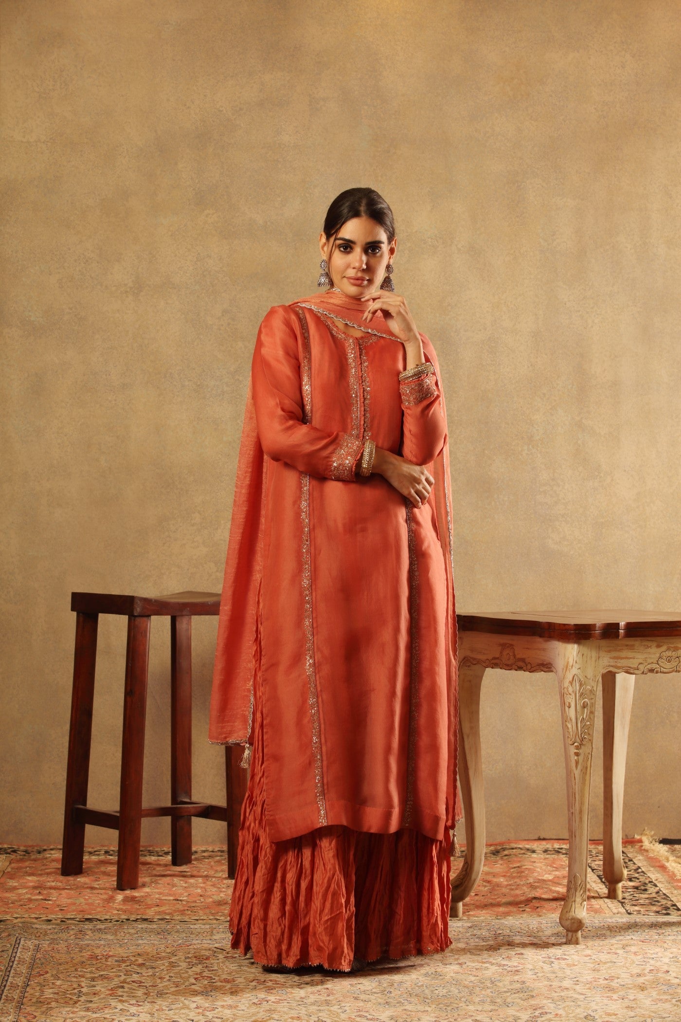 Hand Embroidered Burnt Peach Pure Silk Organza Long Kurta Sharara Set