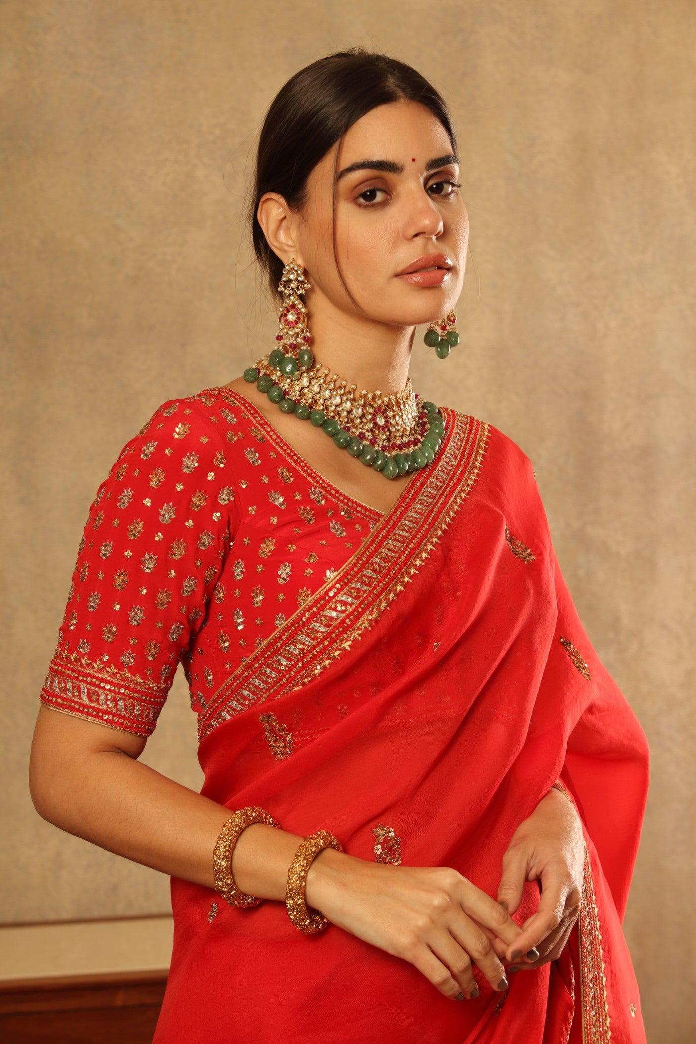 Hand Embroidered Tomato Red Pure Silk Organza Saree Blouse Set