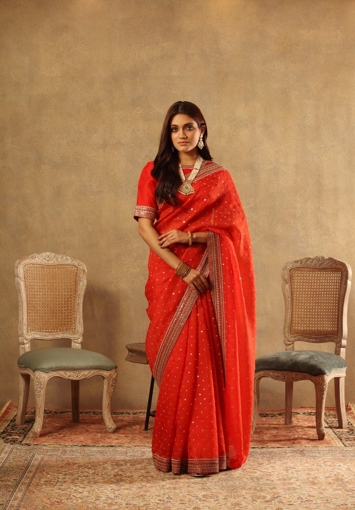 Hand Embroidered Red Orange Pure Silk Organza Saree Blouse Set