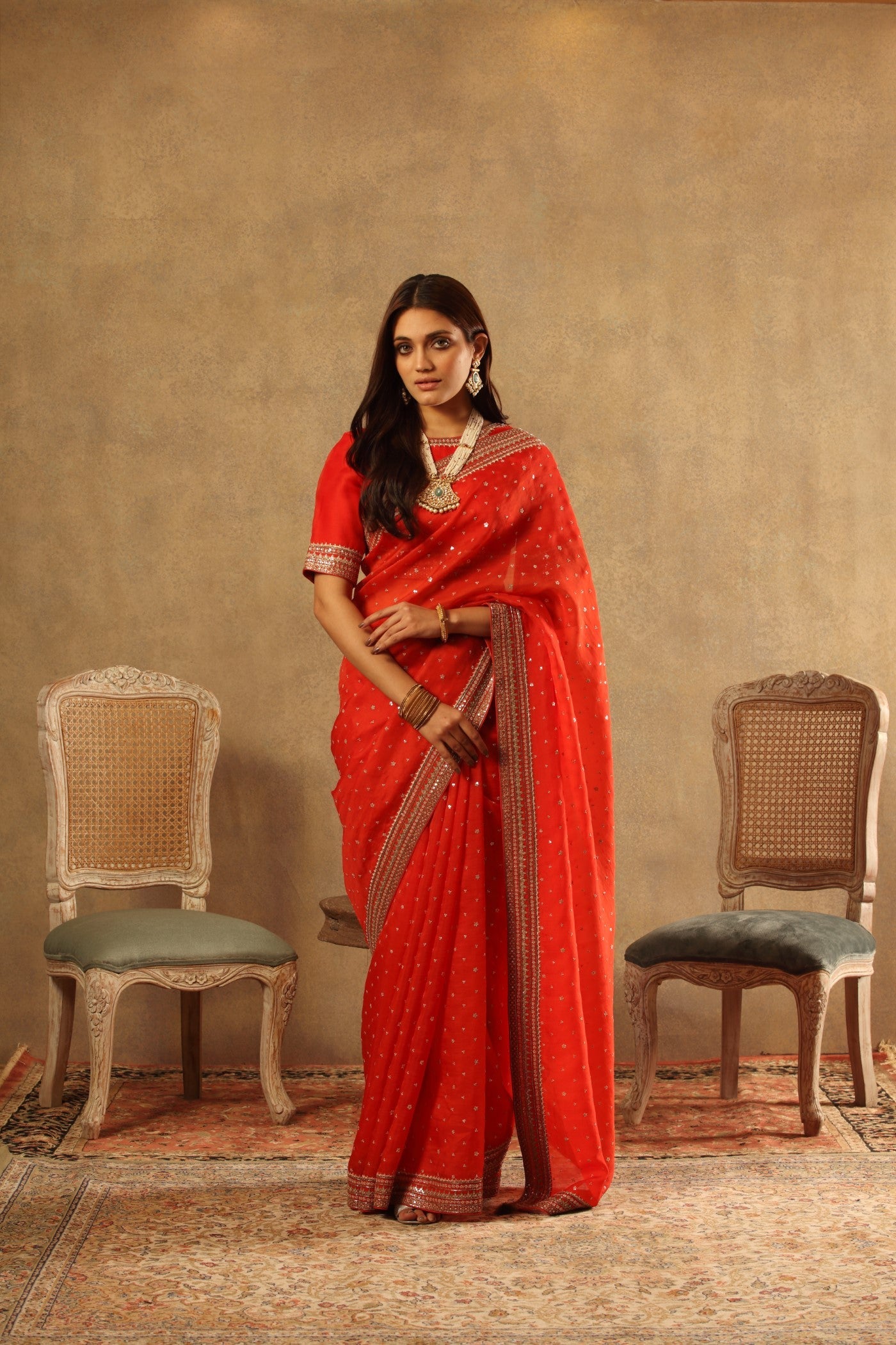Hand Embroidered Red Orange Pure Silk Organza Saree Blouse Set